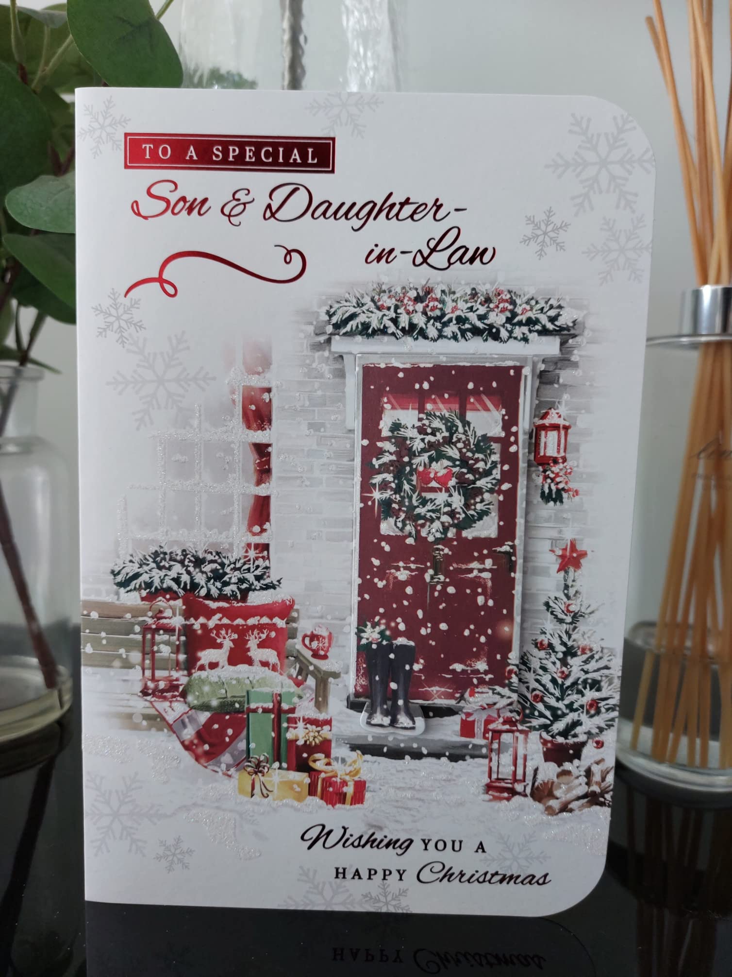 BGC Son & Daughter In Law Christmas Card Traditional Winter Scene Size 23cm x 16cm - NOW INCLUDES SELF ADHESIVE ENVELOPE SEAL, Red White