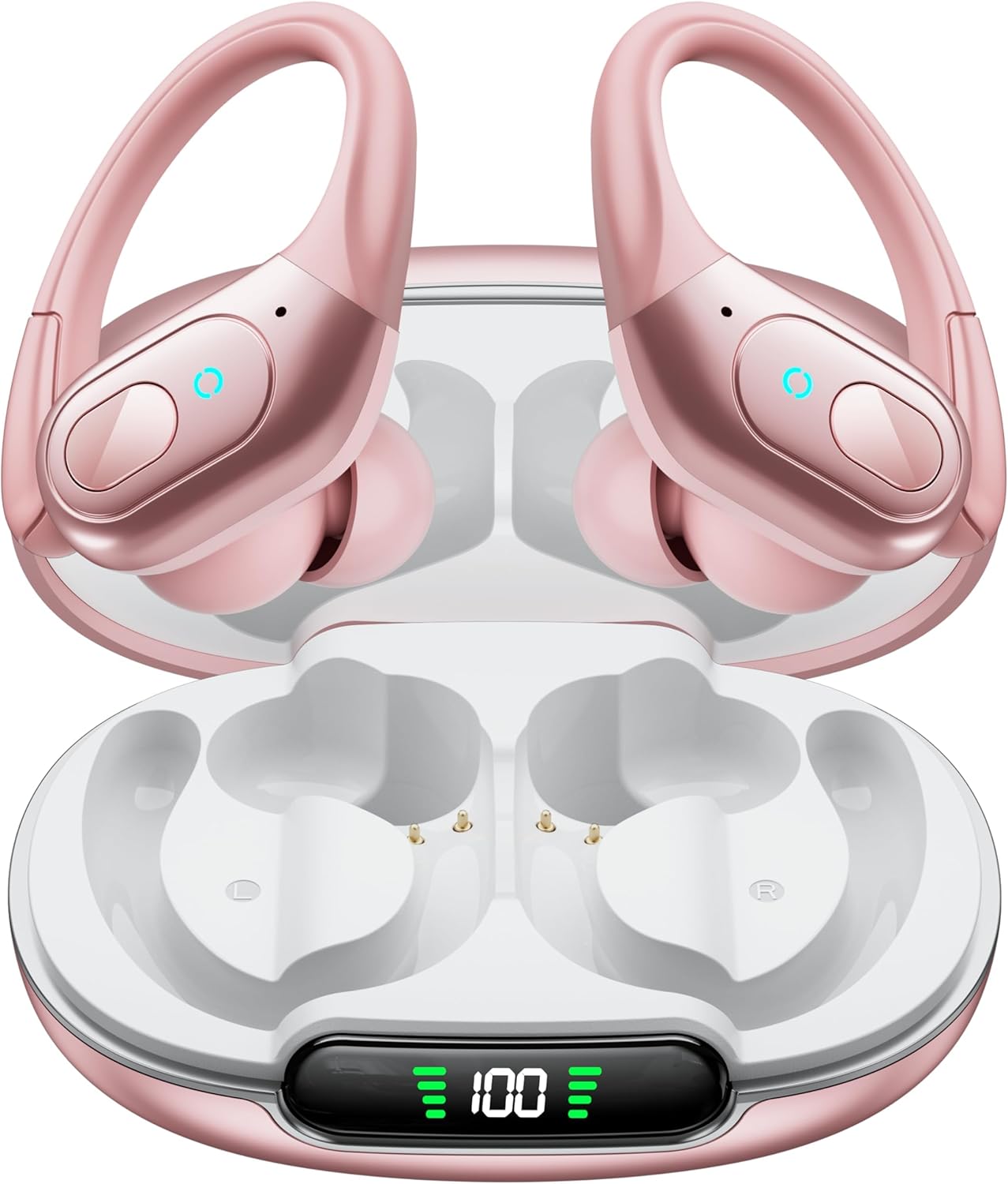 occiam Wireless Earbuds Bluetooth Headphones 90Hrs Playtime with IPX7 Sweatproof Sport Over Ear Buds with Noise Canceling Mic Deep Bass in Ear Earphones for Workout Exercise Gym (Rose Gold)