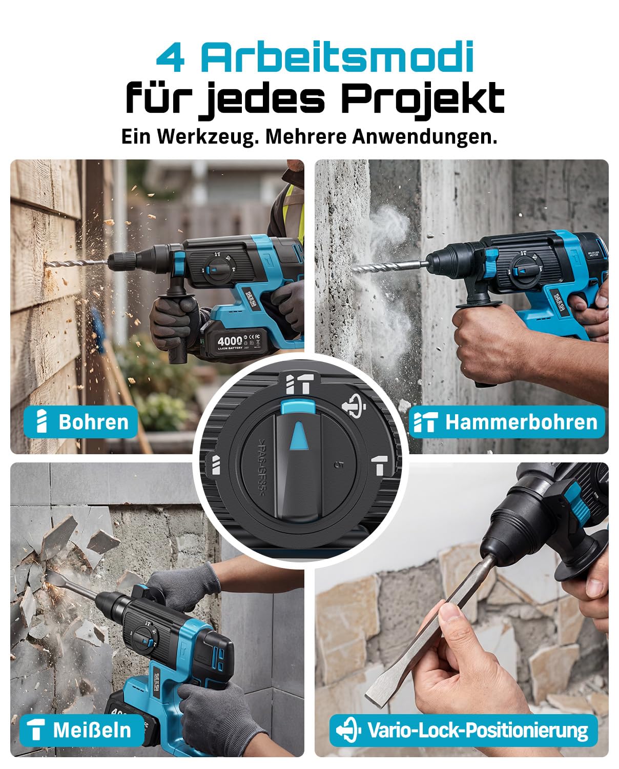 SEESII 2.8J Martello Perforatore a Batteria, 4-In-1 Trapano Tassellatore con 2 Batterie 4.0Ah (Compatibile con le batterie Makita da 18 V), per Cemento e Ristrutturazione, con Punte, Scalpelli