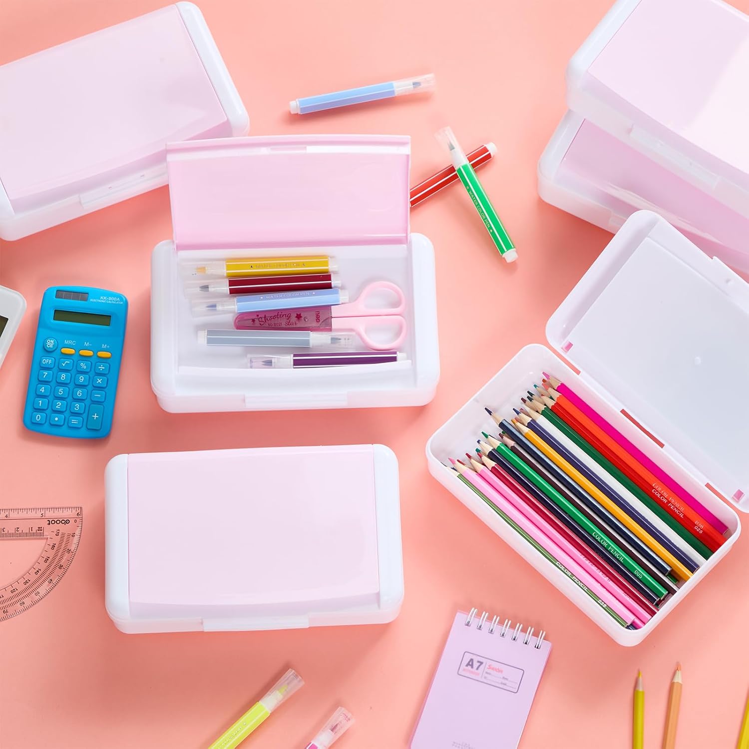 Sherr 12 Pack Large Capacity Pink Pencil Boxes – Double Layer Plastic Pencil Case Organizer, Stackable Crayon & Gel Pen Storage Containers
