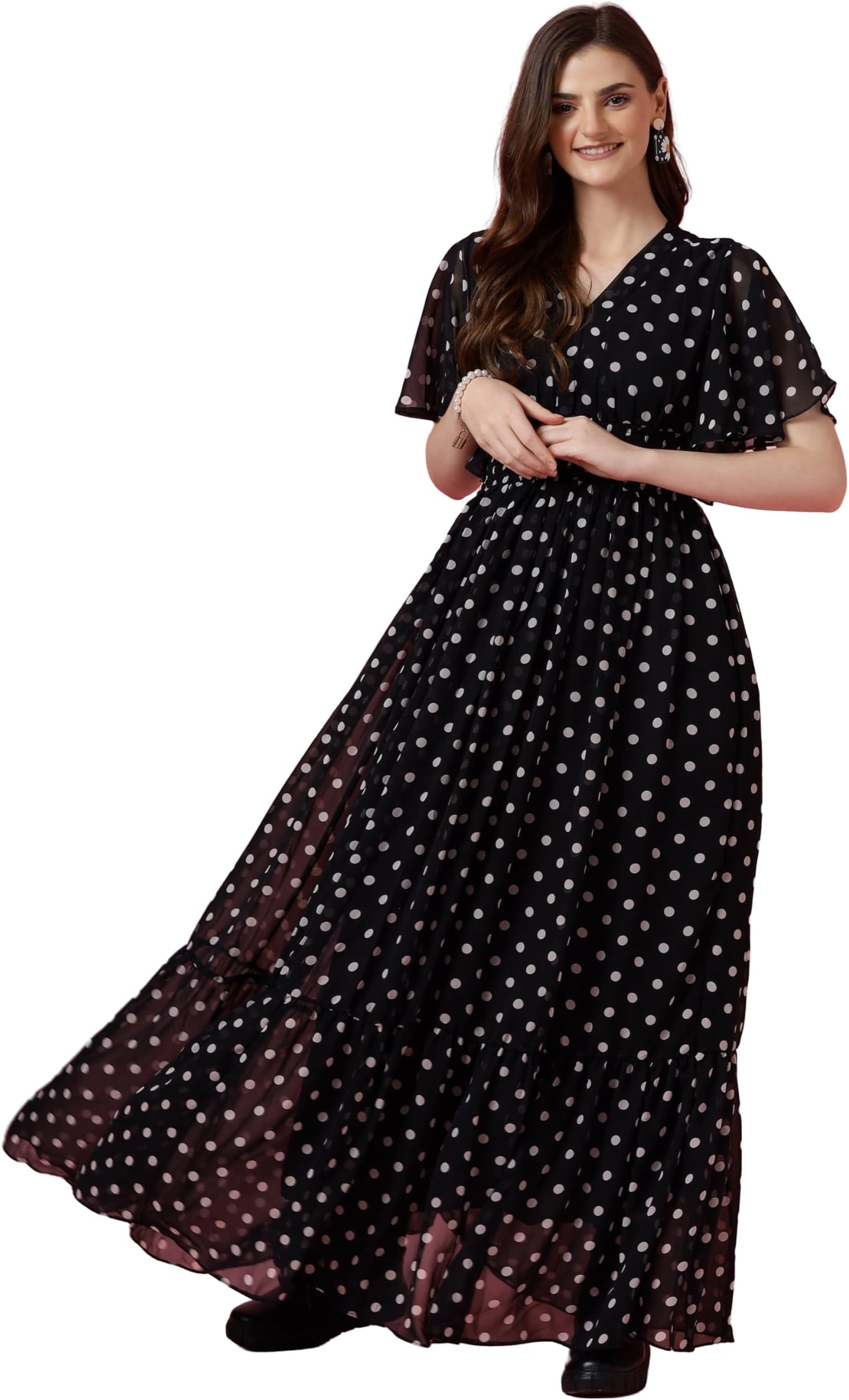 Sheetal AssociatesWomen's Fit and Flare Polka Print Georgette Flared Sleeve Casual Dress