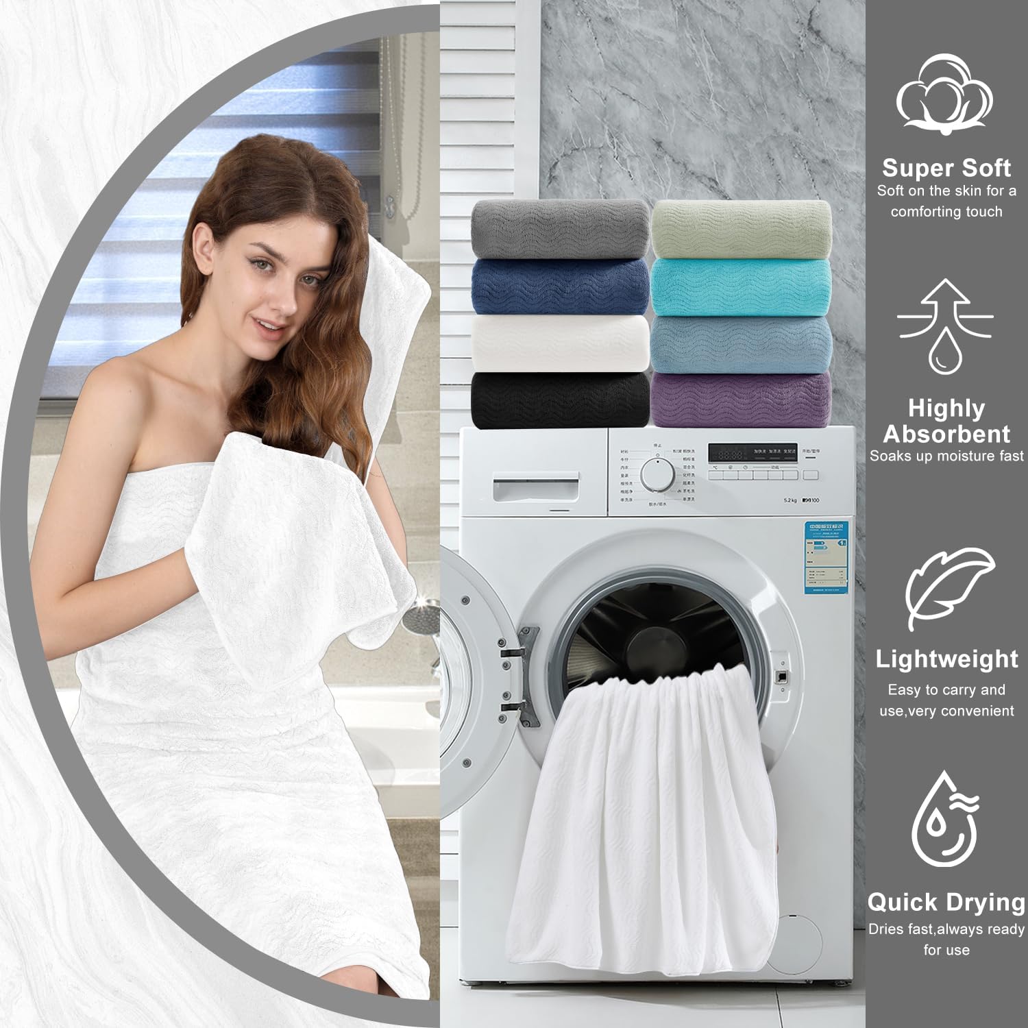 8 Piece Bath Towel Set White|2 Oversized Large Bath Sheet,2 Hand Towels,4 Washcloths| Ultra Soft Cozy Bath Towel Set for Bathroom Hotel Gym Spa,Highly Absorbent & Quick Dry Bathroom Towel Collections - Image 8