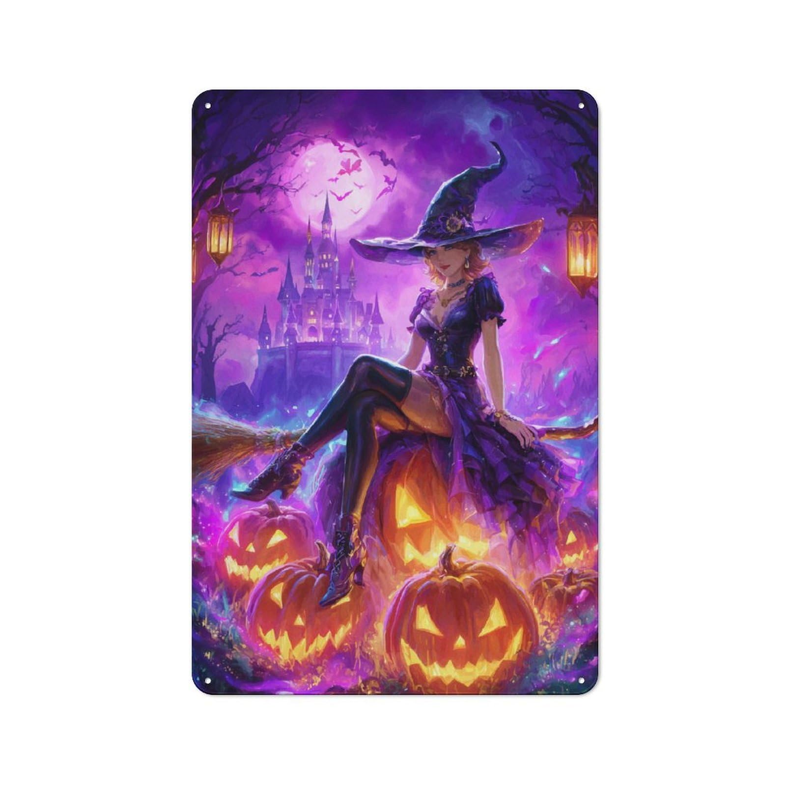 Retro Metal Wall Sign 30x20cm with Halloween Witch on Pumpkins for Hallway Wall, Gift for Wall Display Collectors during The Christmas Season