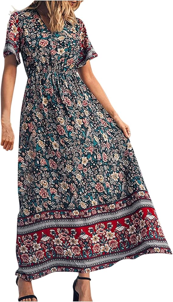 Amazon 袖maxi花短灘しわv女性用滑らかな襟元ワンピース女性用ワンピースfenimine荷物棚女性用ワンピース ワンピース 通販