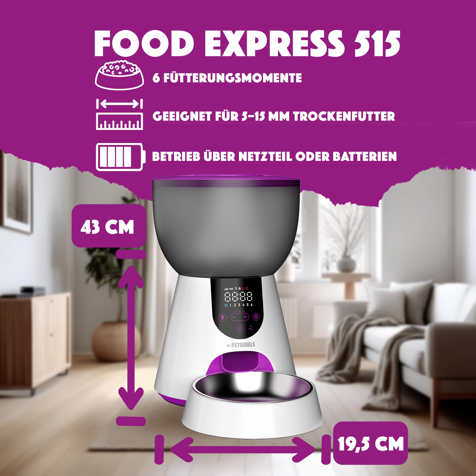 Petrebels Futterautomat Katze, Programmierbar, Mit Sprachaufnahme, 4 Liter, Touchscreen, Food-Express 515 Schwarz