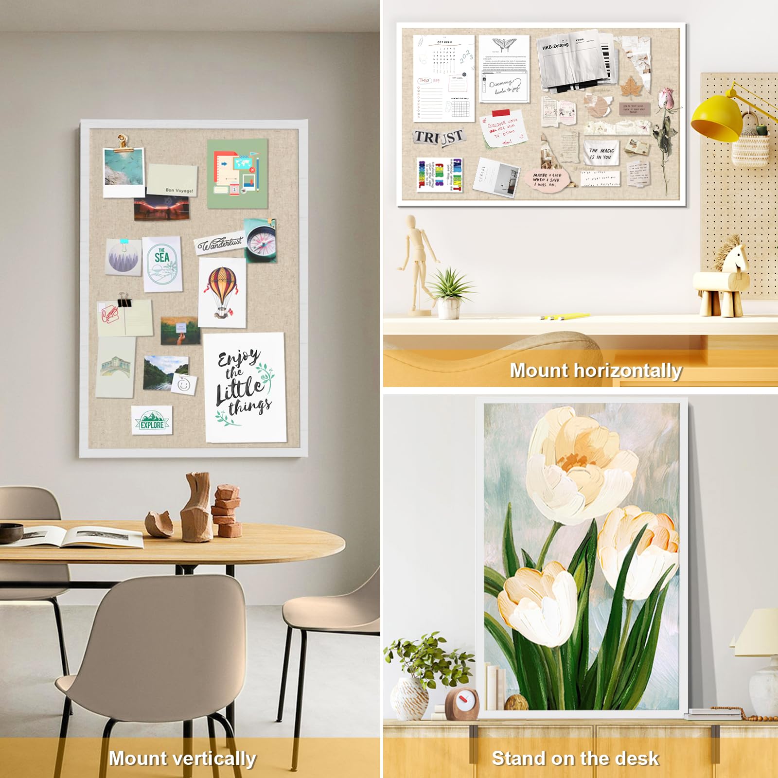 Korktafel mit Leinen, 76 x 50 cm, Pinnwand für Zuhause, Schlafzimmer, Büro, Küche, Wanddekoration, hängend, Holzrahmen, Sichtbrett, faltbare Pinnwand mit 20 Stecknadeln, 1 Stück (Vintage-Weiß)