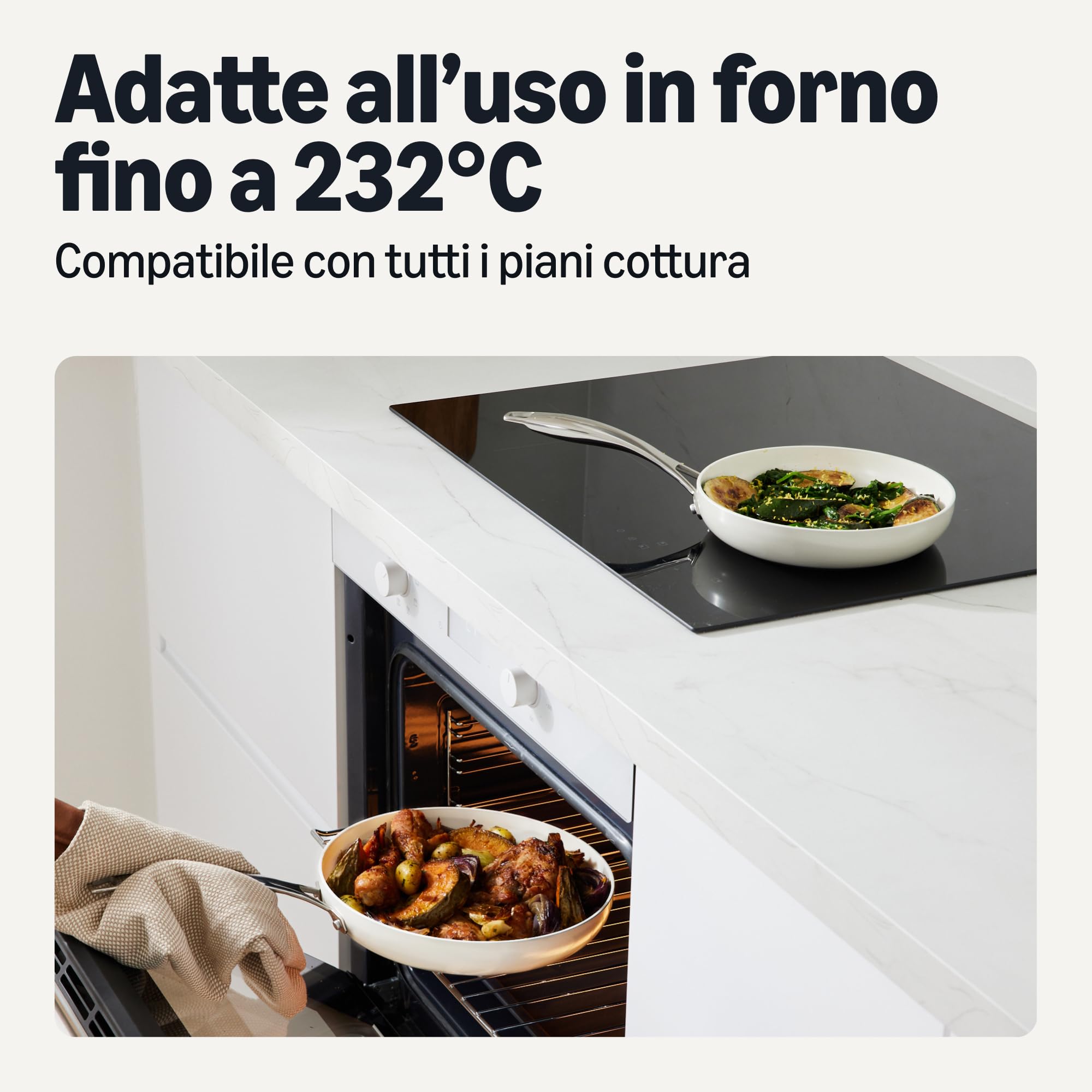 Amazon Basics Padelle Antiaderenti in Ceramica, Set di 3 Pezzi, Adatte a Tutti i Piani Cottura, Lavabili in Lavastoviglie, Avorio