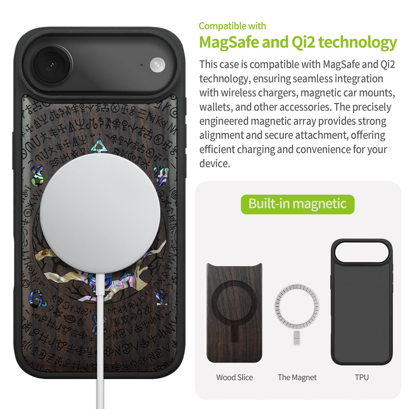 Carveit Funda Magnética para iPhone Air Compatible MagSafe [Madera y incrustación de mejillones] Protectora Antigolpes para iPhone 17 Air Carcasa (Madera Oscura-Escarabajo Ciervo)