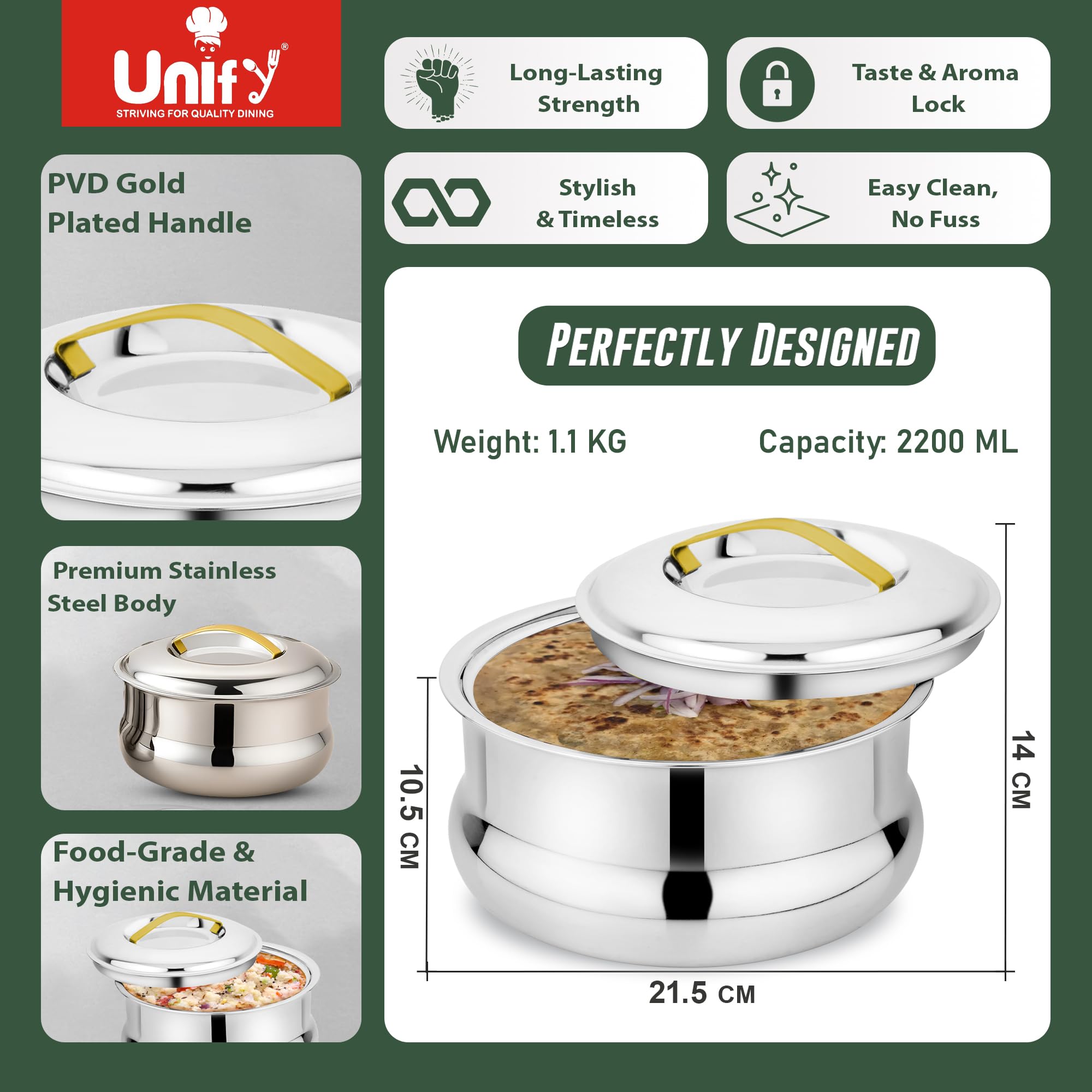 Unify Lumia Stainless Steel Insulated Casserole Hot Pot 2200ML | 3 Layer Thermal Body with PUF Coating | Mirror Finish Inner & Outer Steel | Keeps Food Hot & Fresh for Hours | Premium Serveware 1