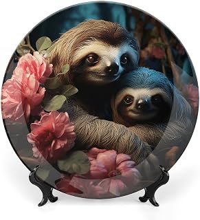 Ceramic Decorative Plate Decorative Plates Personalized A Sloth And A Baby Sloth Printed Porcelain Plate with Vertical Stand for Home Office Wall Hanging Decor