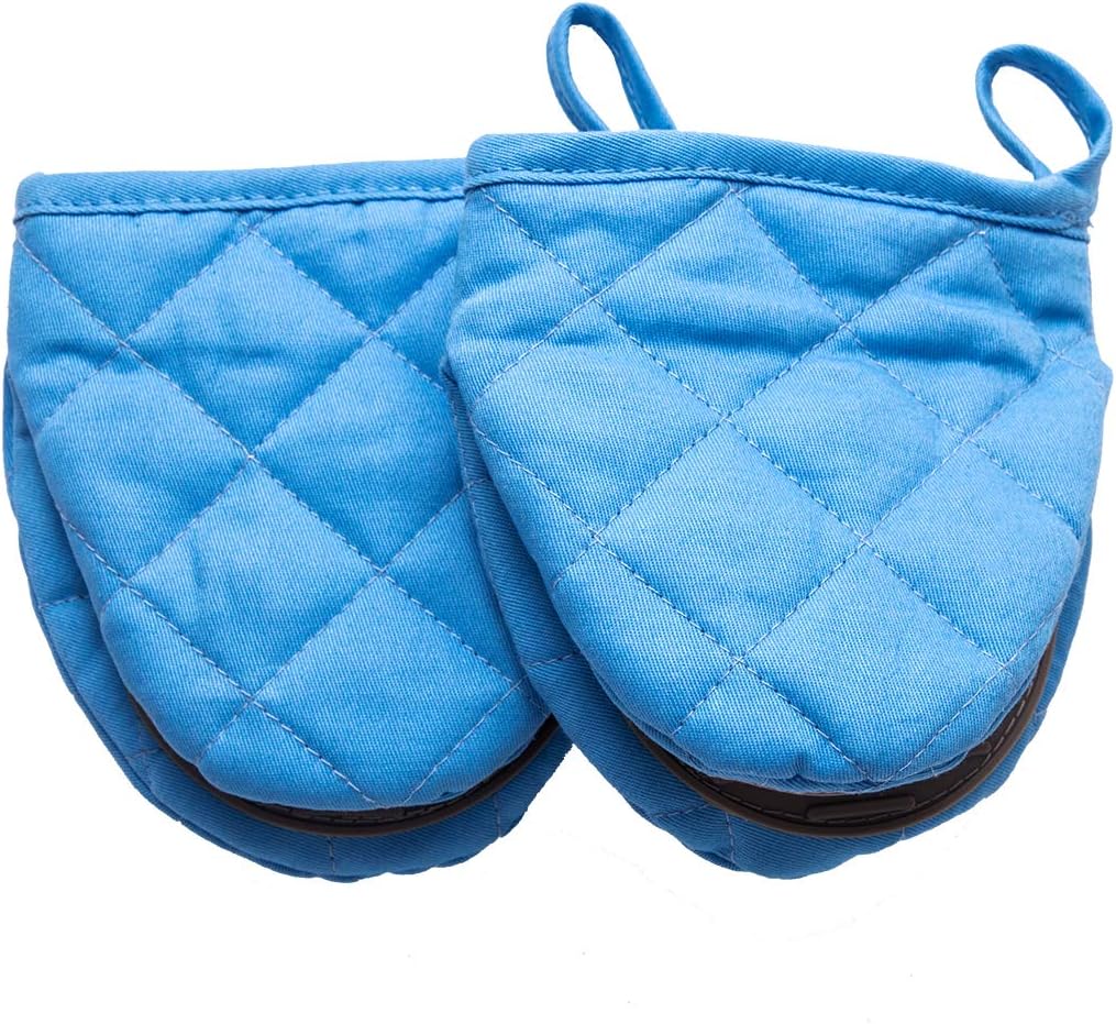 OKINDOLIFE Mini Oven Mitts Small Half Oven Gloves Sets Little Silicone Grabber Cooking Mitts Pair Heat Resistant with Non-Slip Grip and Hanging Loop (Blue 5''W 5.2" L)