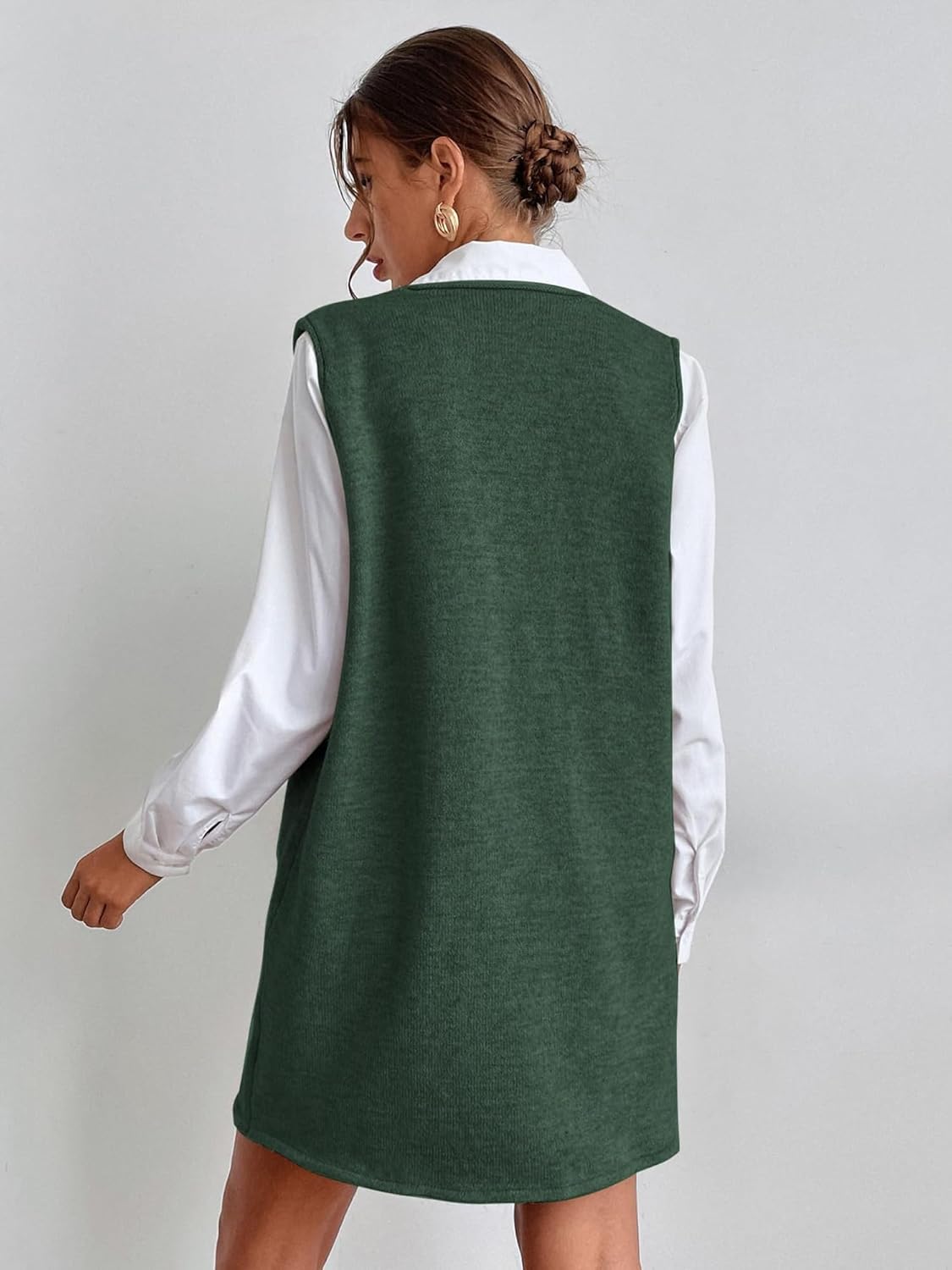 Dark Green Women's V Neck Sleeveless Sweater Dress Long Knit Vest with Pockets Oversized Casual Pullover Sweater Knit Dress S - Image 4