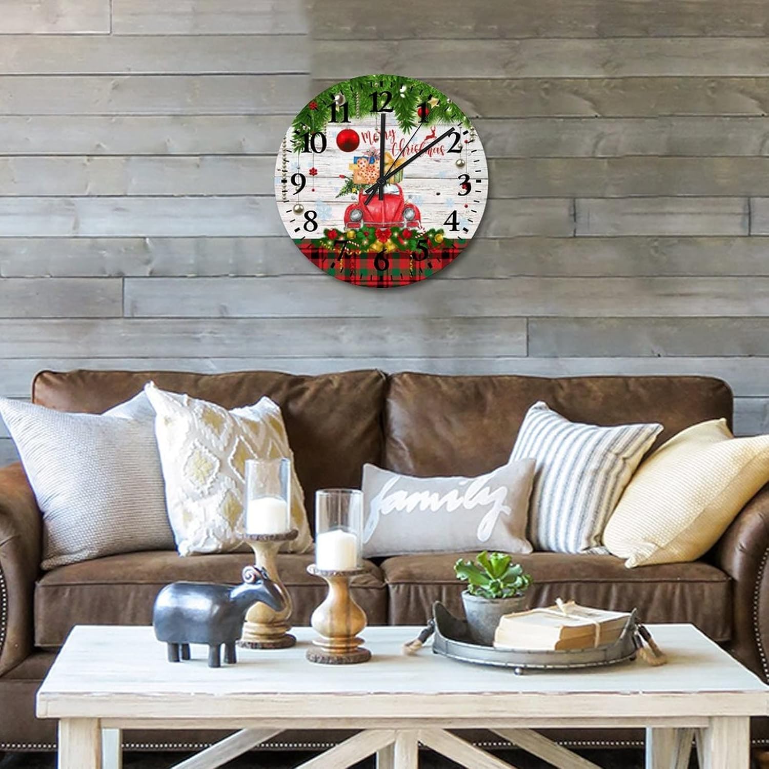 Clock Wood Merry Christmas Tree Truck Wall Clock Modern Quartz Analog Quiet Arabic Numeral Red Truck and Trees Round Clock for Dining Room Decor 15 Inch