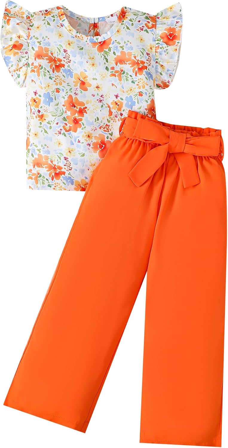 Kids Girl Clothes Floral Print Ruffle Sleeveless Tank and Wild Leg Pant 2 Piece Outfit Set 2-8 Years