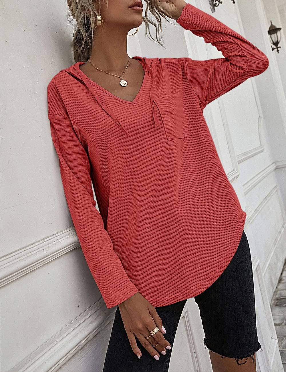 Cuptacc Felpa Donna con Cappuccio 2024 Maglione Scollo A V Autunno Maglia Manica Lunga Camicia Elegante
