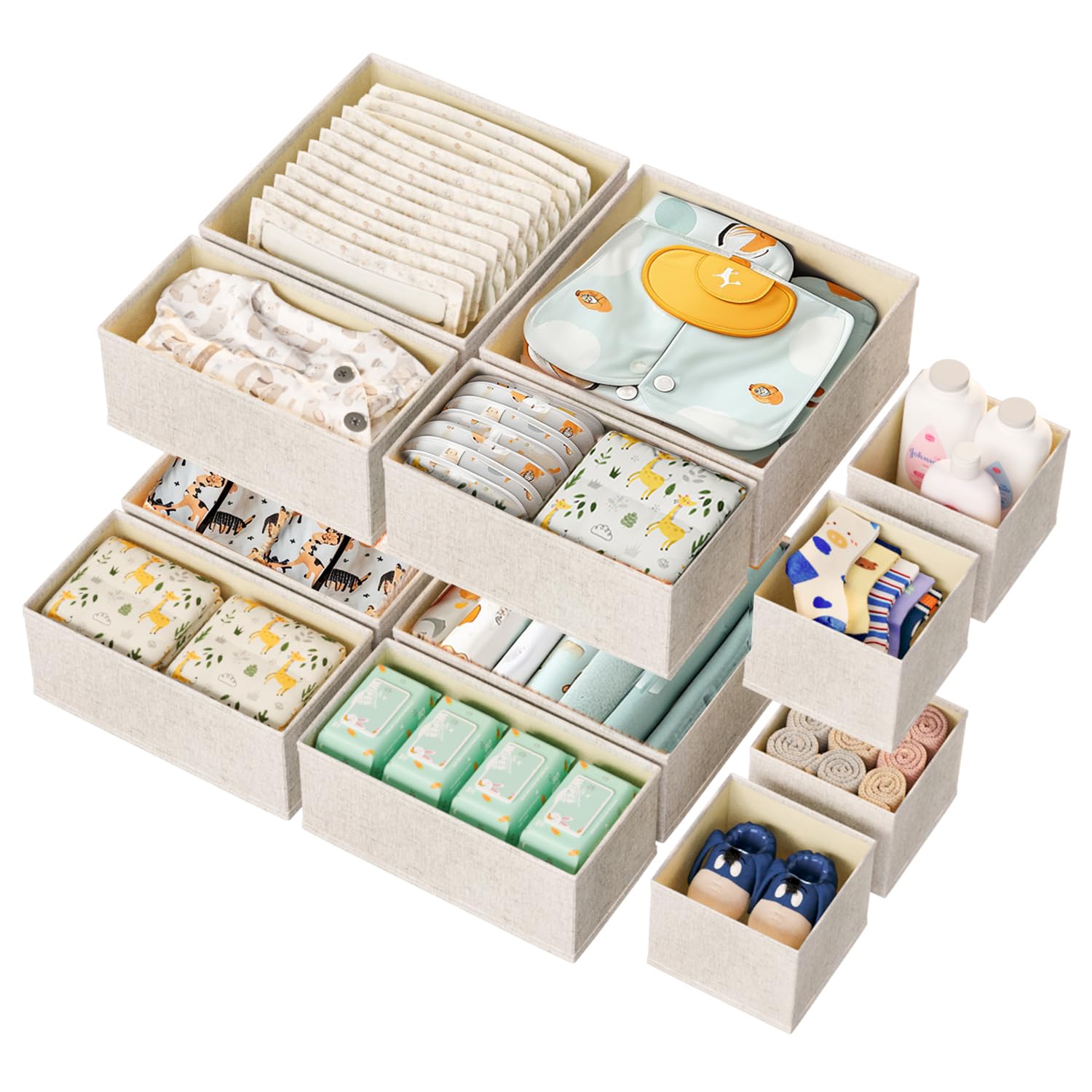 Linen Drawer Organizers for Nursery, Dresser & Closet (12-Pack) – Sturdy, Collapsible Nursery & Dresser Dividers for Baby Clothes, Socks, Underwear & Essentials – Multi-Size Set, Beige