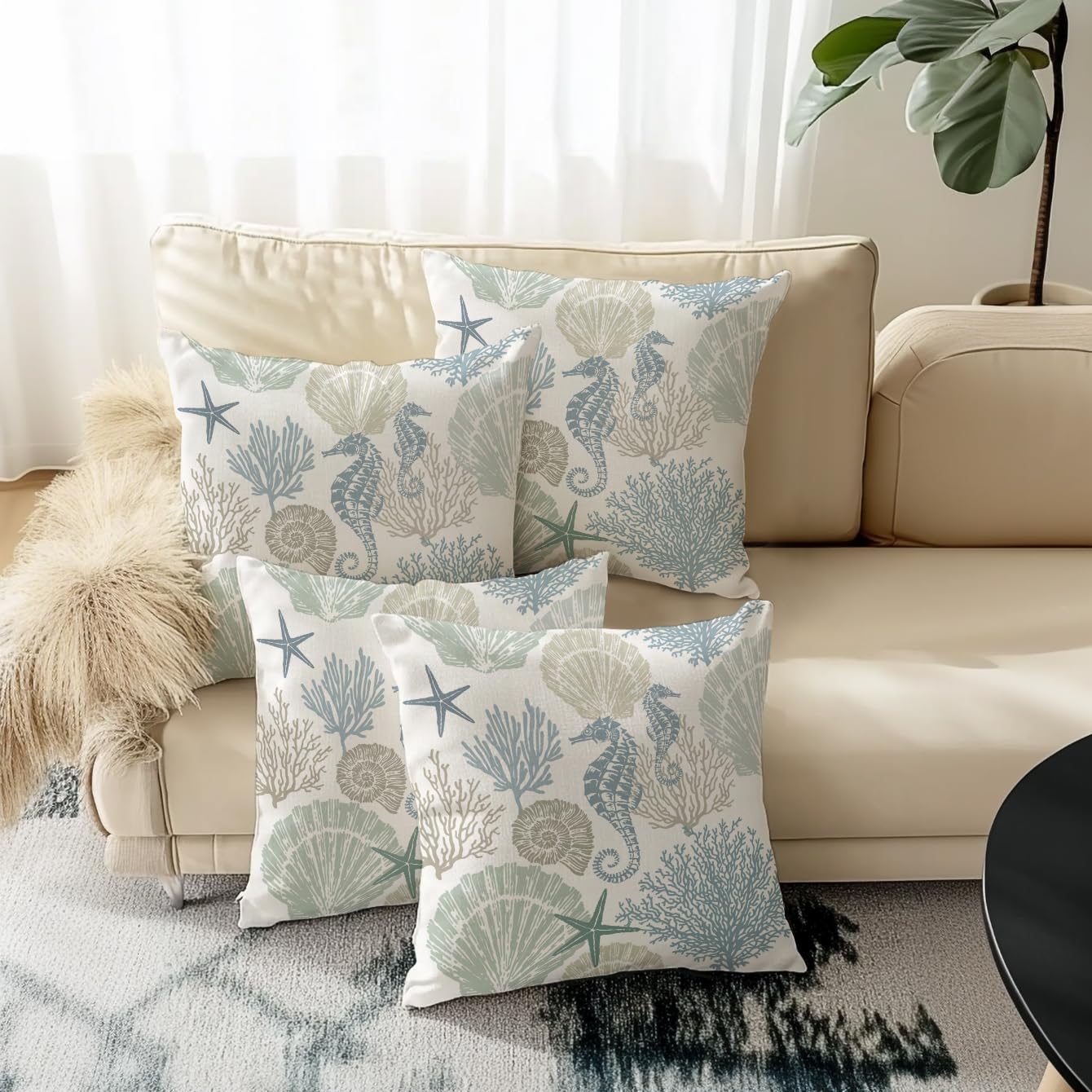Miuyunya Set of 2 Outdoor Cushions 40 x 40 cm Weatherproof Blue Maritime Cushion Cover Spring Summer Waterproof Cushion Covers Retro Starfish Hippocampus Sofa Decorative Cushion Cover for Garden Sofa - Image 3