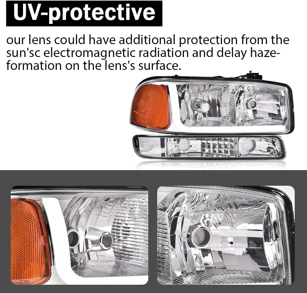 G-PLUS LED DRL Headlights Assembly, Fit GMC Sierra 1500 1999-2007/Fit GMC Sierra 1500 HD 2001-2007 (NOT Fit Denali Trims) Clear Lens Chrome Housing Amber Reflector Bumper Headlamps,faros delanteros