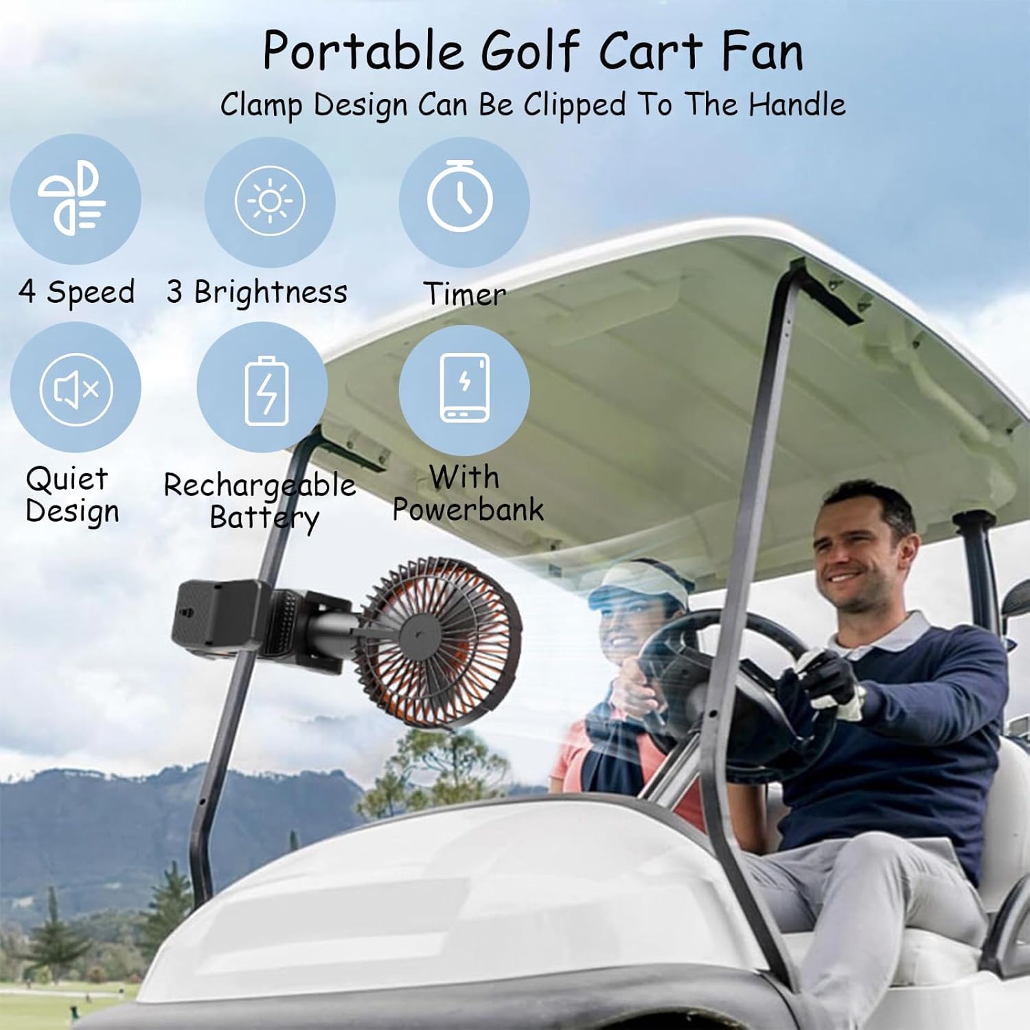 SAYTAY Golf Cart Fan, 75° Adjustable Magnetic Clip Portable USB-Charged Foldable Handheld Fan for Outdoor Camping, 4 Speeds & Lights,RC Model Motor - equipped 4 - in - 1 Fan with Stand (Black)