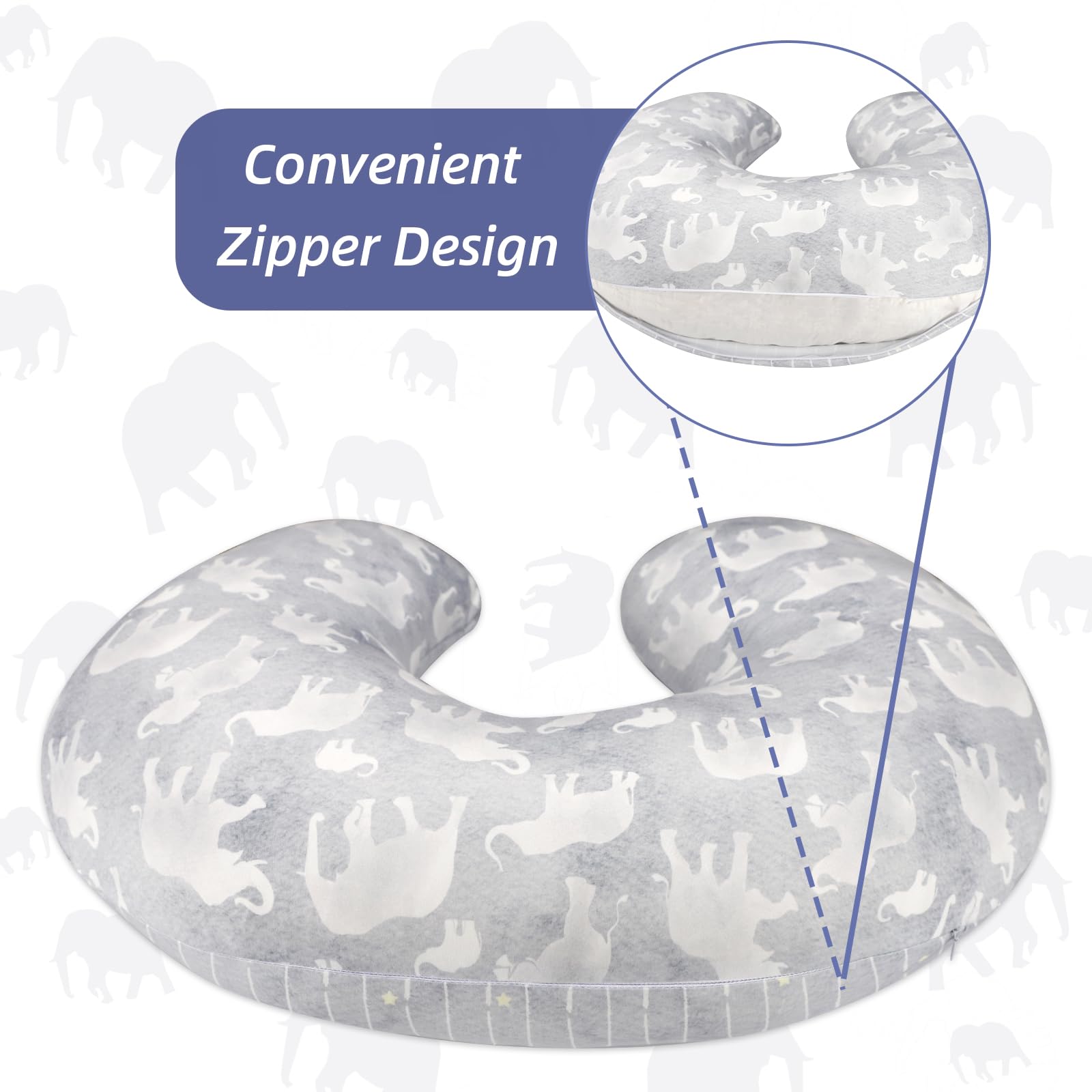 DILIMI Funda de almohada de lactancia, fundas de lactancia suaves y elásticas para almohadas de lactancia, reversible, extraíble, para bebés, niños y niñas, elefante gris