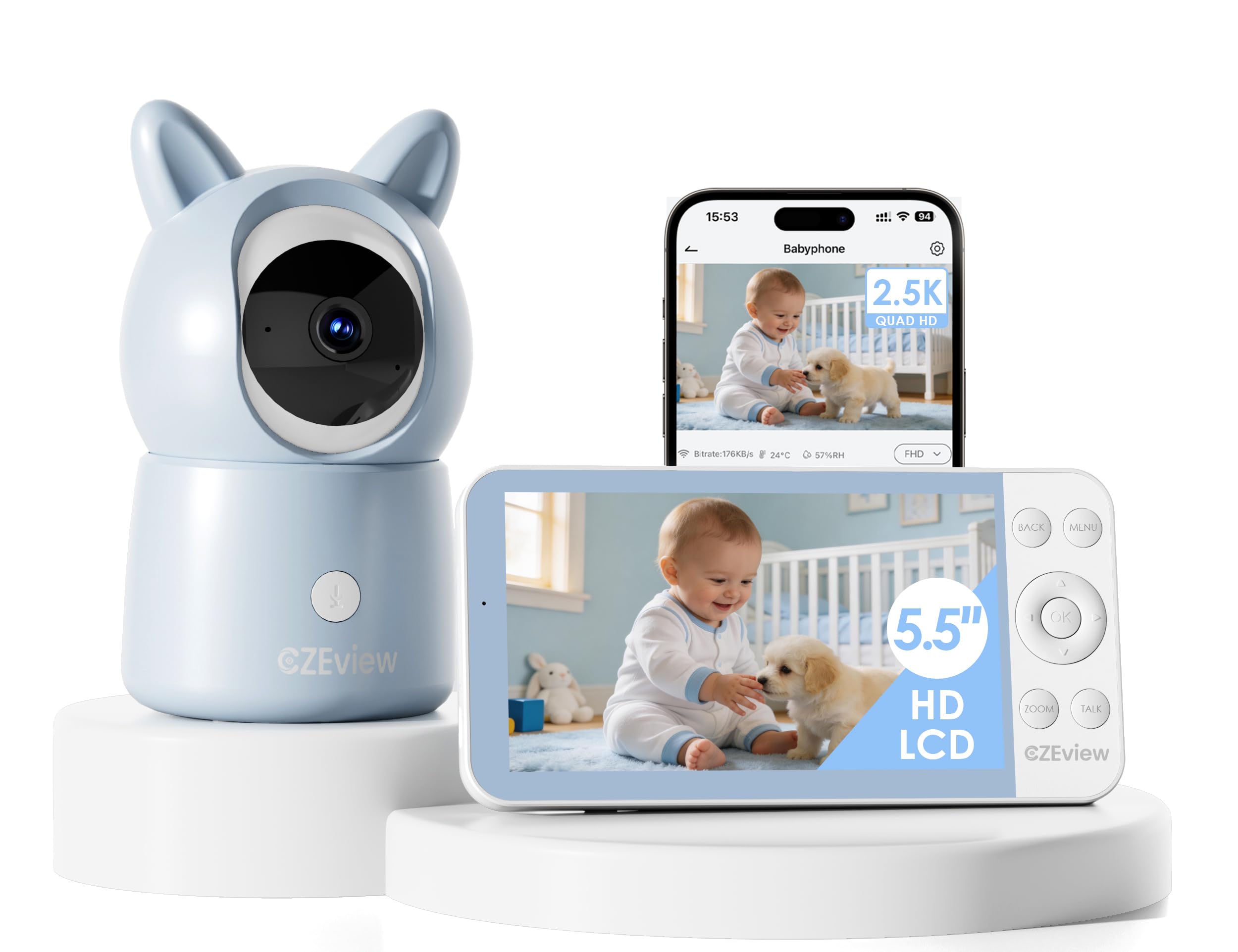 CZEview 5,5" 2.5K Baby Monitor Video e Audio, Luce Notturna & Musica, Telecamera Bambini, Controllo Tramite APP Mobile & Monitor (Blu)
