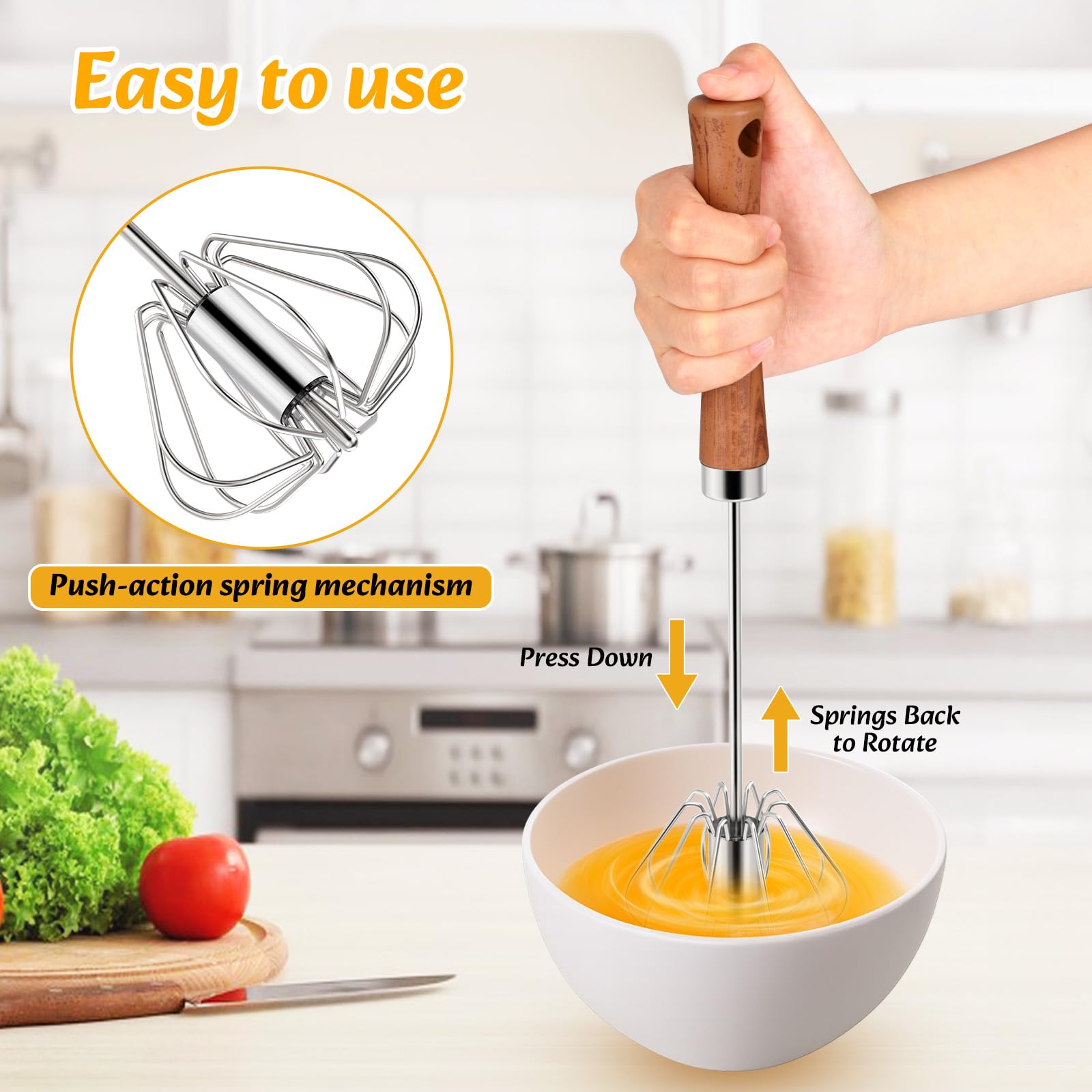 Euqvunn 12 Pollici Frusta da Cucina Semi-Automatica, Sbattitore Manuale in Acciaio Inox con Manico da Appendere, Frusta a Mano per Cucinare, Sbattere e Montare - 4