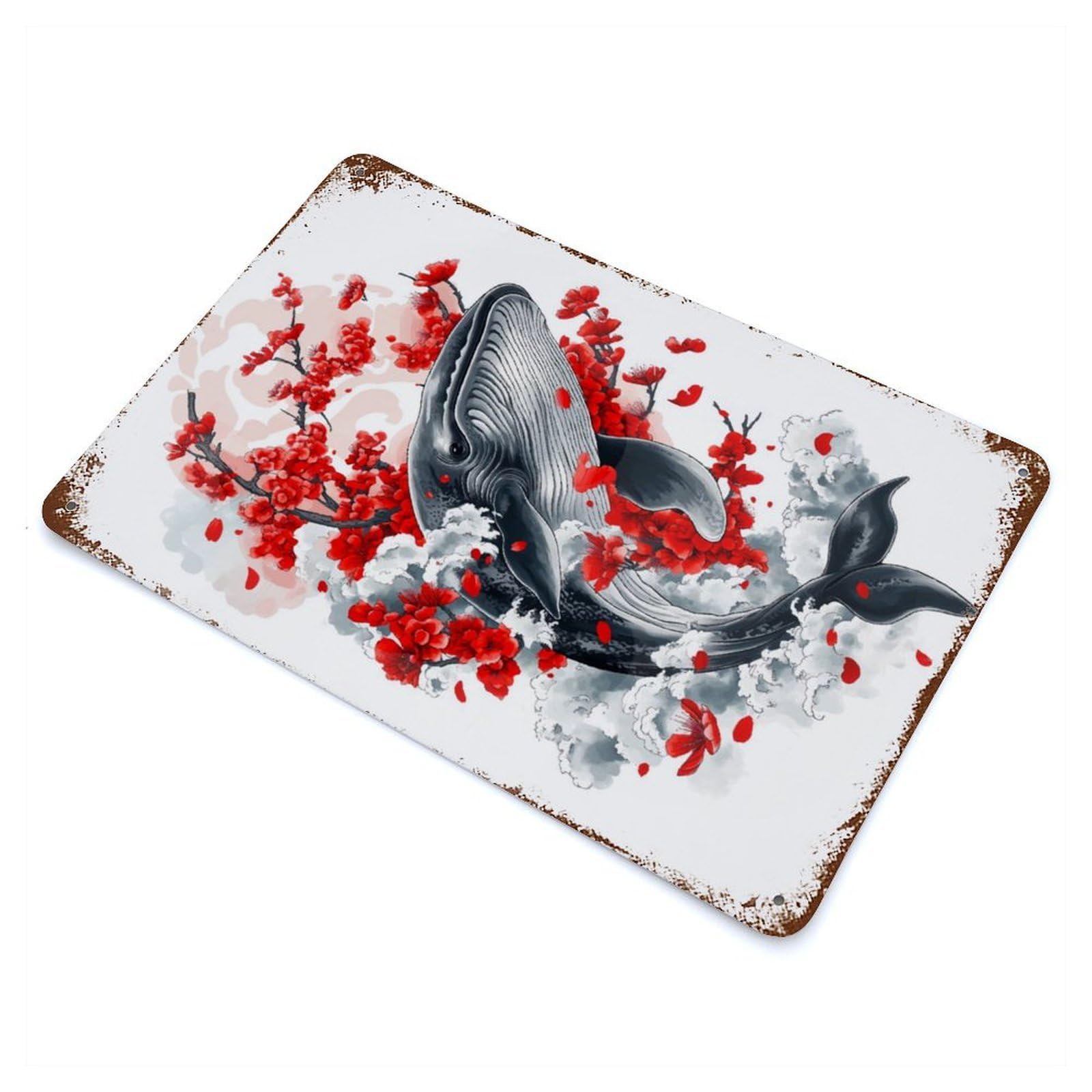 Garage Style Whale And Cherry Blossoms Rust Effect Tin Sign 11.8"x7.9", Vintage Wall Decor for Bar And Workshop