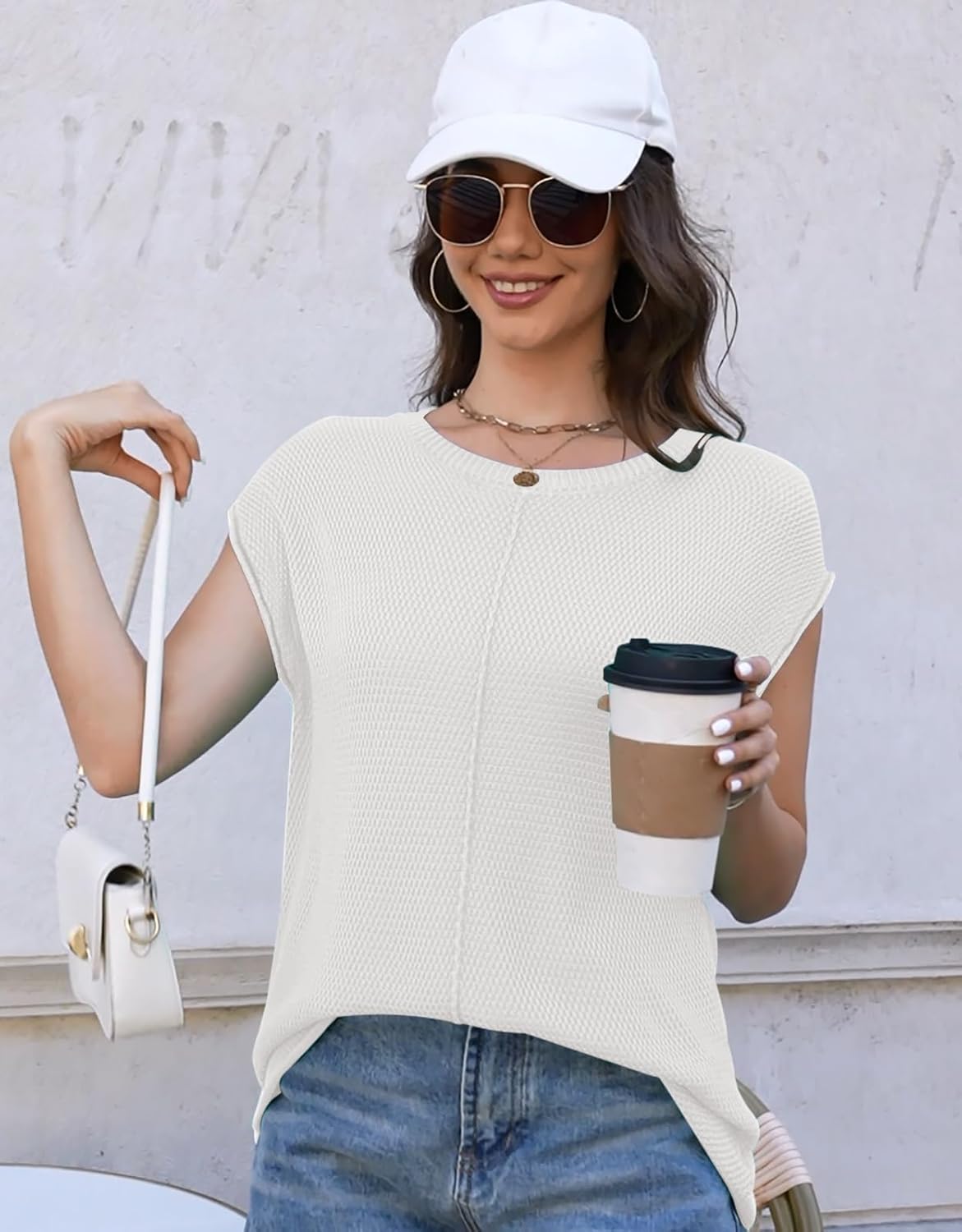 Waffle Knit Sweater Shirts for Women Cap Sleeve Summer Tops Basic Tank Tops - Image 3