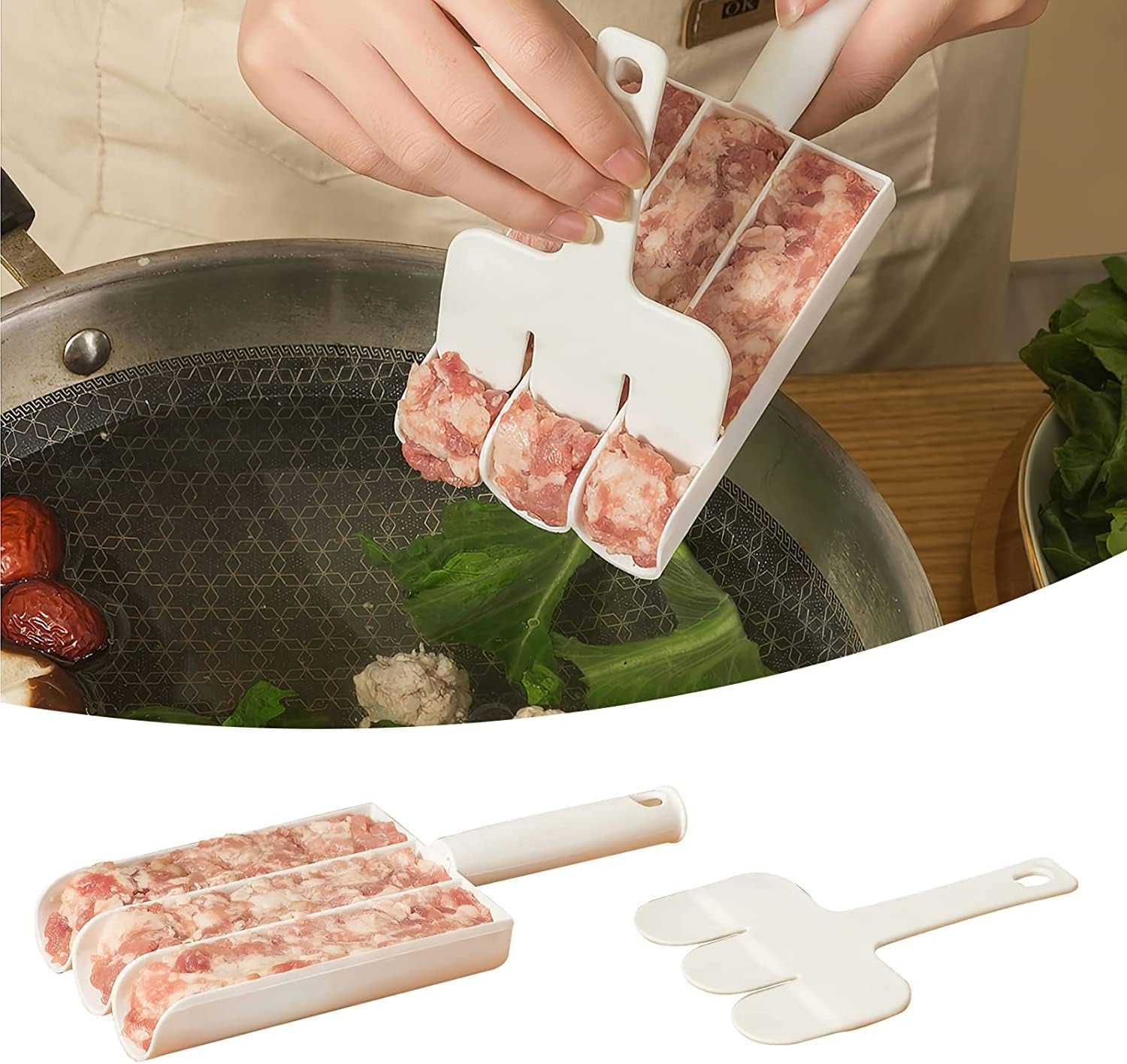 1Set White Kitchen Triple Meatball Maker, Creative Meat Ball Scoop with Cutting Spade Ball Maker, None-Stick Meatball Maker Melon Ballers Tools