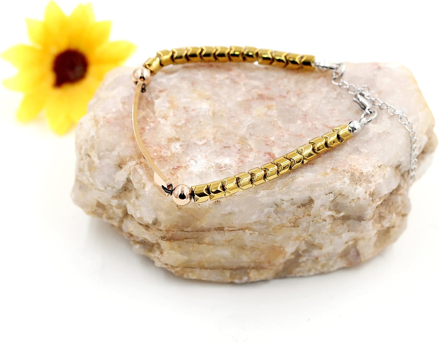 Customize Engrave Name Bracelet - Yellow Hematite Stone Beads Stainless Steel Chain Bracelet - Personalized Name ID Rose Gold Color Plate Bracelet for Women Men Y1904