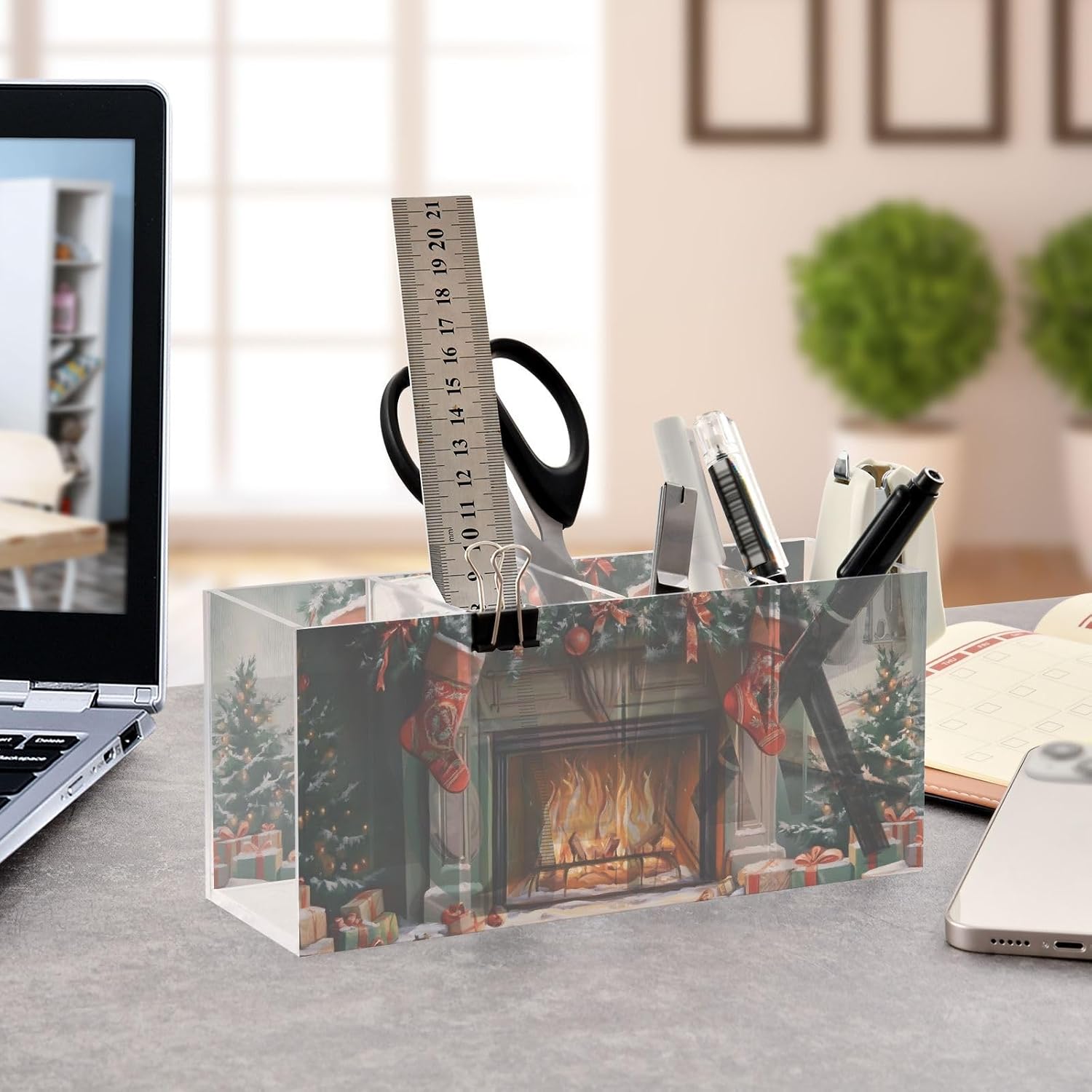 Christmas Stocking Fireplace Acrylic Pen Holder 4 Compartments Funny Cute Cool Anime Acrylic Pen Organizer Pencil Holder for Desk Hair Brush Holder image 4