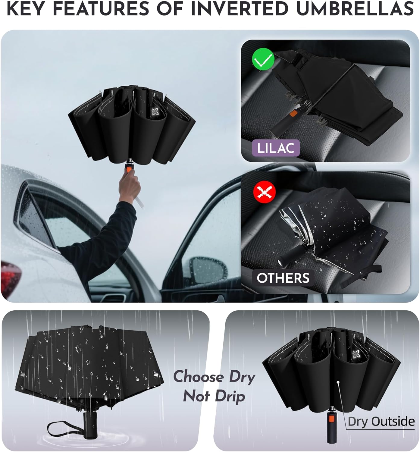 Large Travel Inverted Umbrella, 55" 10 Ribs Windproof for Rain & Sun, Reverse Auto open/close Compact Portable for Men, Reflective Thread for Night Safety