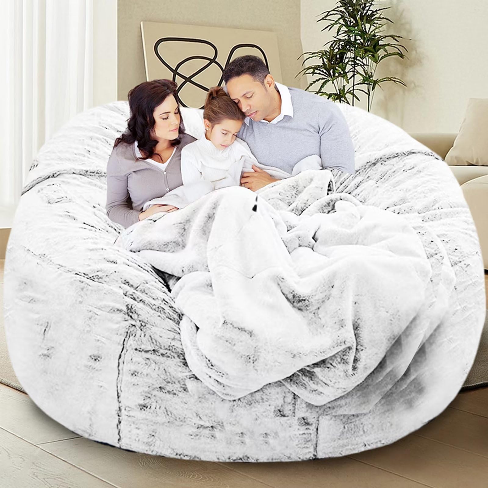 Bean Bag Chair Cover for Kids Adults Without Filling Comfy Giant Round Lazy Sofa Covers for Bedroom Living Room, 7FT, Dusty White