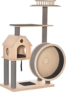 PawHut 56" Cat Tree Activity Condo Luxury Pine Wood with Hamster-Wheel, Sisal Scratching Posts, Elevated Perches, & Roomy ...