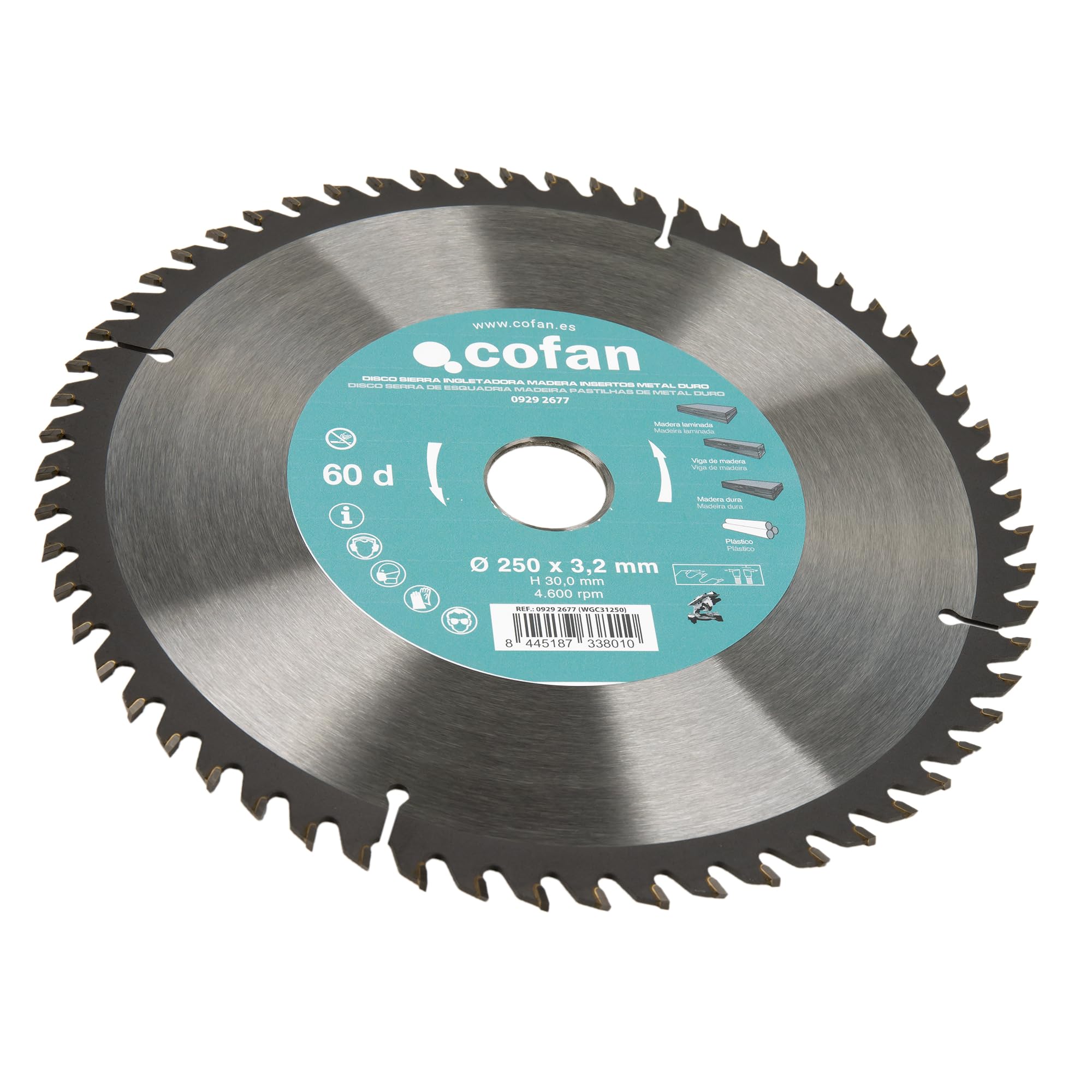 Cofan Hoja de sierra ingletadoraa | 60 dientes | Adecuado para madera dura, plástico y madera laminada | Insertos de metal duro | 250 x 30 mm | Grosor del disco: 3,2 mm