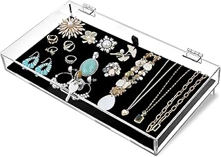 MOOCA Acrylic Rectangular Marketing Holder Locking Security Showcase Safe Box Display Tray, Perfect for Watches Jewelry, Knives, Eyewear with a Key and a Black Padding