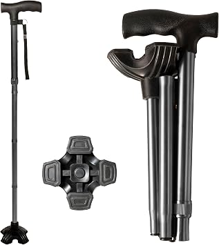 Stander Wonder Cane, Foldable Walking-Cane for Stability, Collapsible Free-Standing Walking-Stick with Adjustable Handle, Lightweight Quad-Cane for Men, Women, Seniors and Elderly, Black Walnut