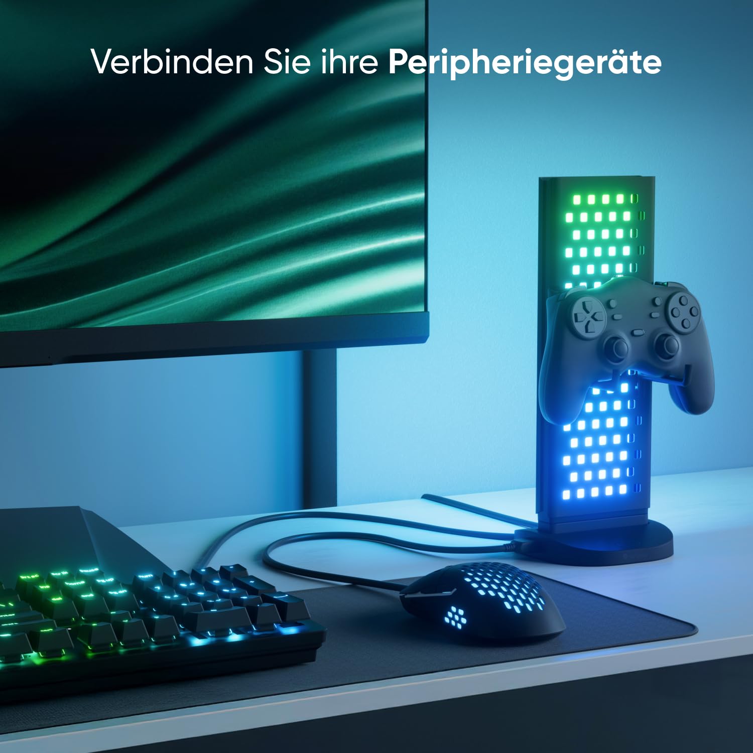 Nanoleaf Pegboard Gaming Dock, 3 in 1 RGBIC Tischlampe mit Controller/Kopfhörer Halter, Doppelseitige Lichteffekte, USB-C, Musik & Screen Sync über Desktop App, Ambiente Schreibtisch Lampe