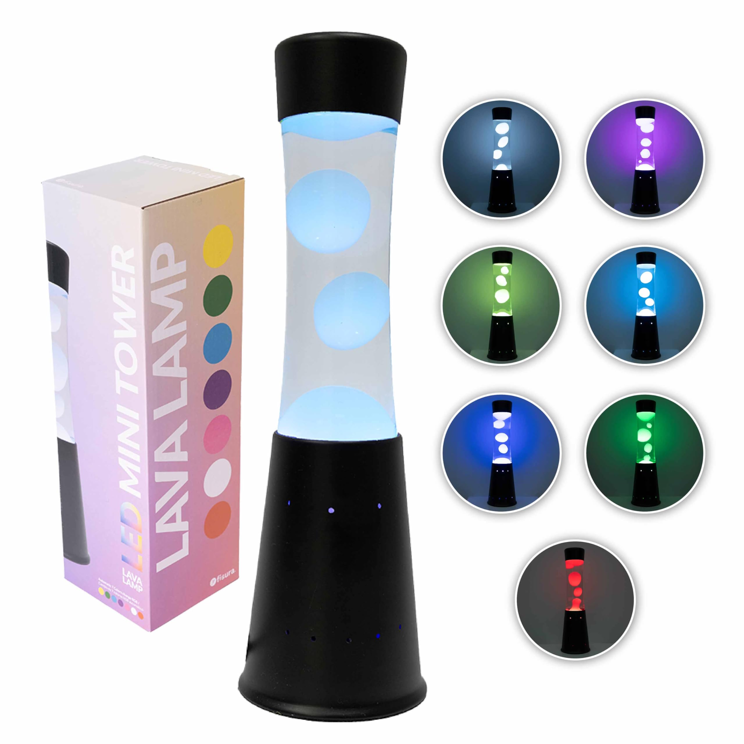 Fisura – Lámpara de lava led 7 colores. Lámpara efecto relajante. Lámpara cambiante de color con base negra. Lámpara para regalo. 30 cm x 9 cm x 9 cm.