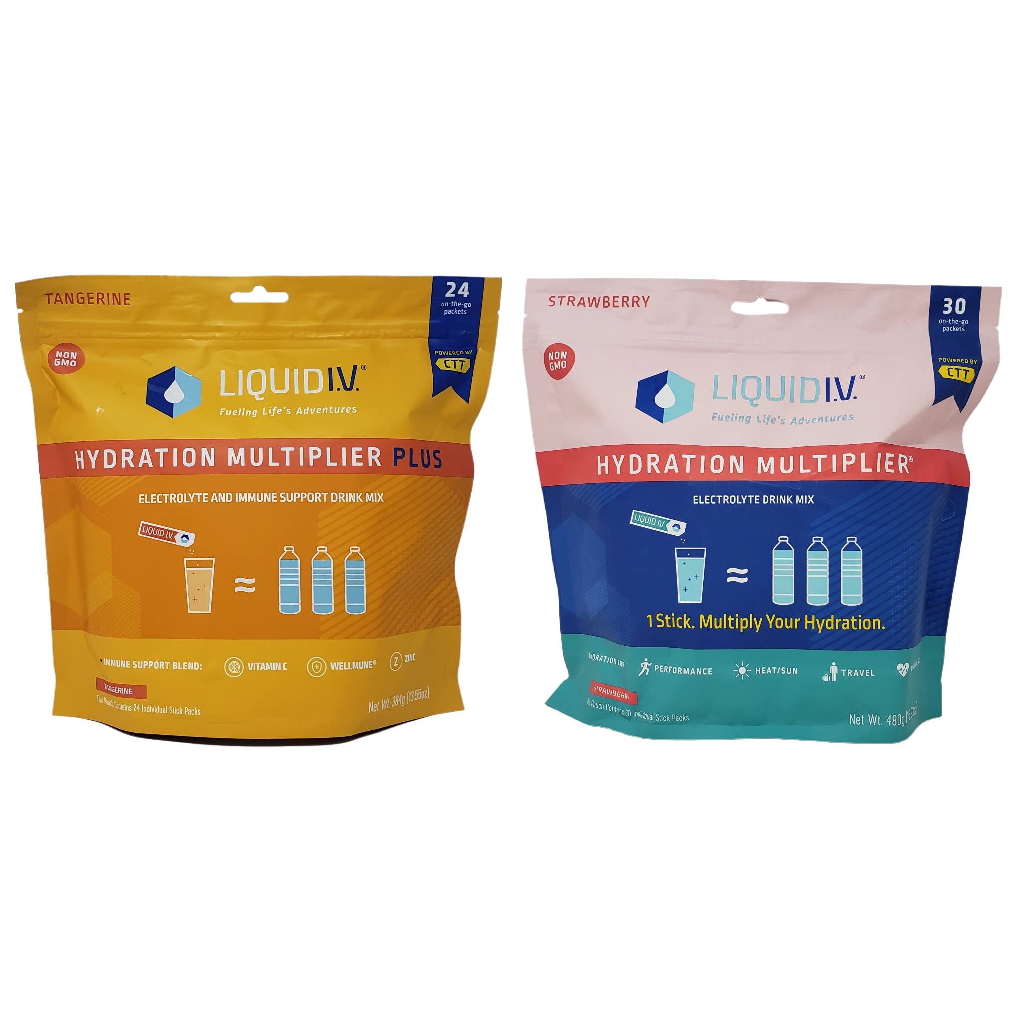 Liquid IV Hydration Multiplier Drink Mix Variety Pack - Tangerine Plus (24 Packets) and Strawberry (