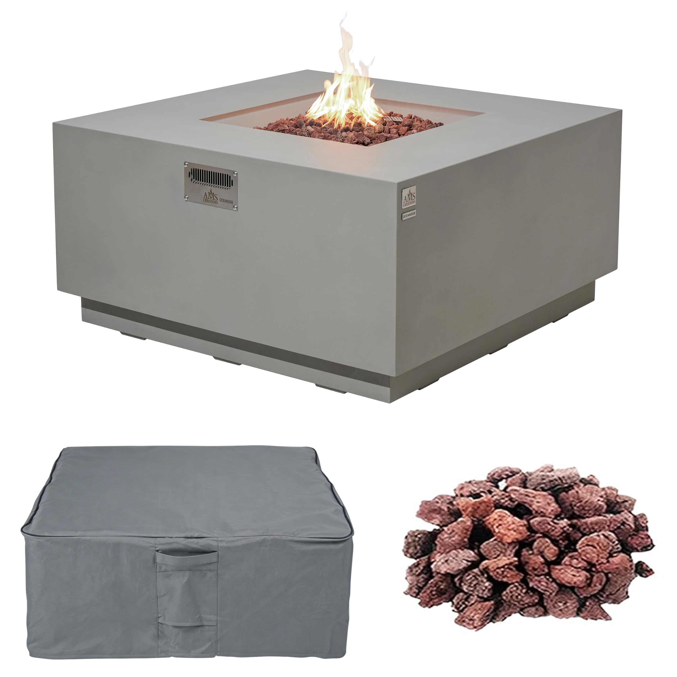 AMS 48" Square Concrete GFRC Propane Gas Fire Pit Table (Light Gray)