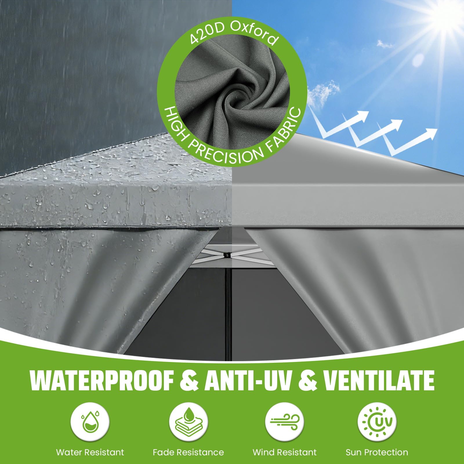 Tonnelle 3x3m Imperméable, Toile PU1500mm & Structure Acier - Tonnelle Pliante Hivernable avec Paroi Latérale & Réglage Hauteur One-Push - (INCL. 4X Sac de Sable & Accessoires,Gris argenté)