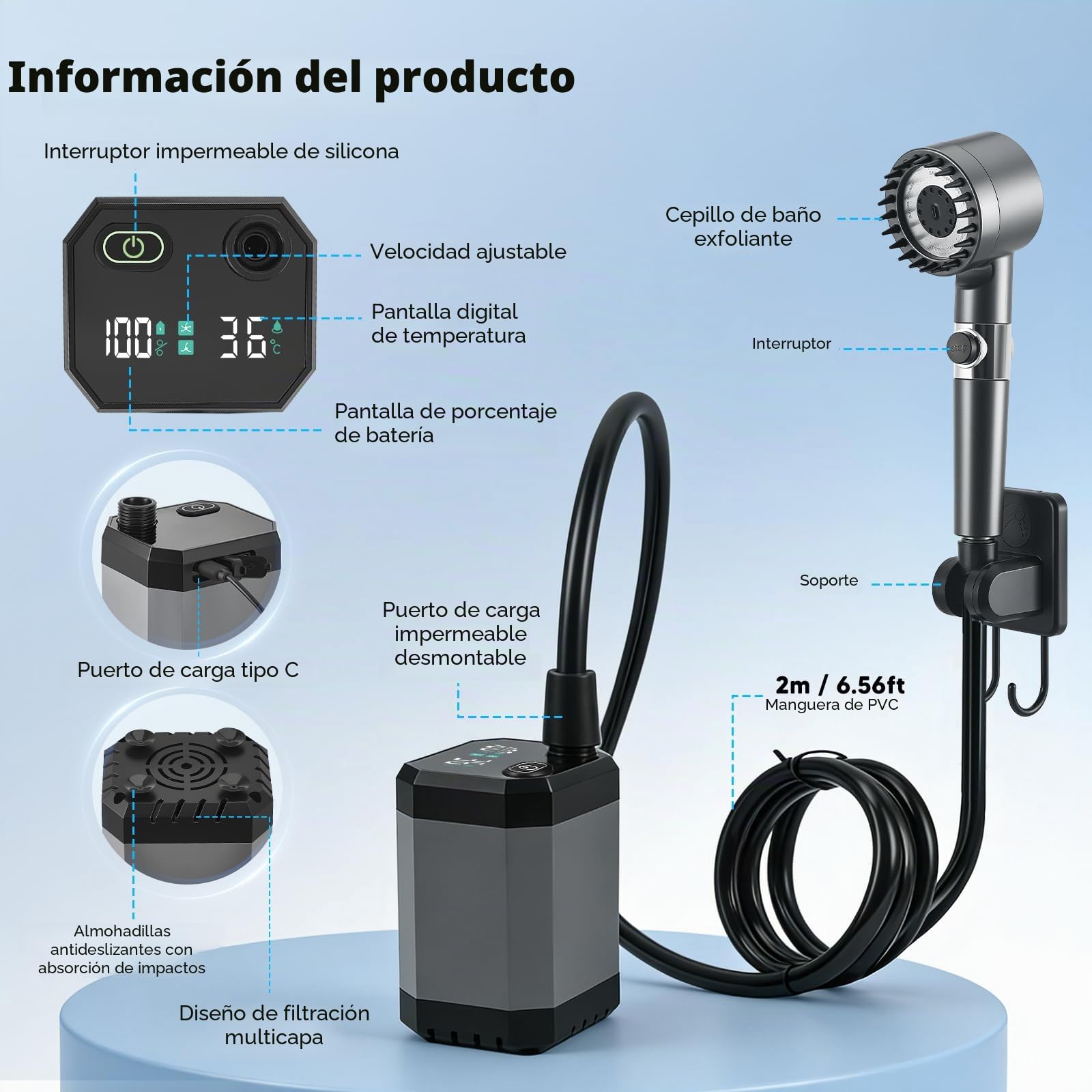 Ducha De Camping Con 8000Mah BateríA, Bomba Y 20L Cubo, 160-220 Minutos De AutonomíA, Pantalla Temperatura, Ipx7 Impermeable, Set De Ducha PortáTil Para JardíN, Lavado De Coches, Mascotas, Viajes