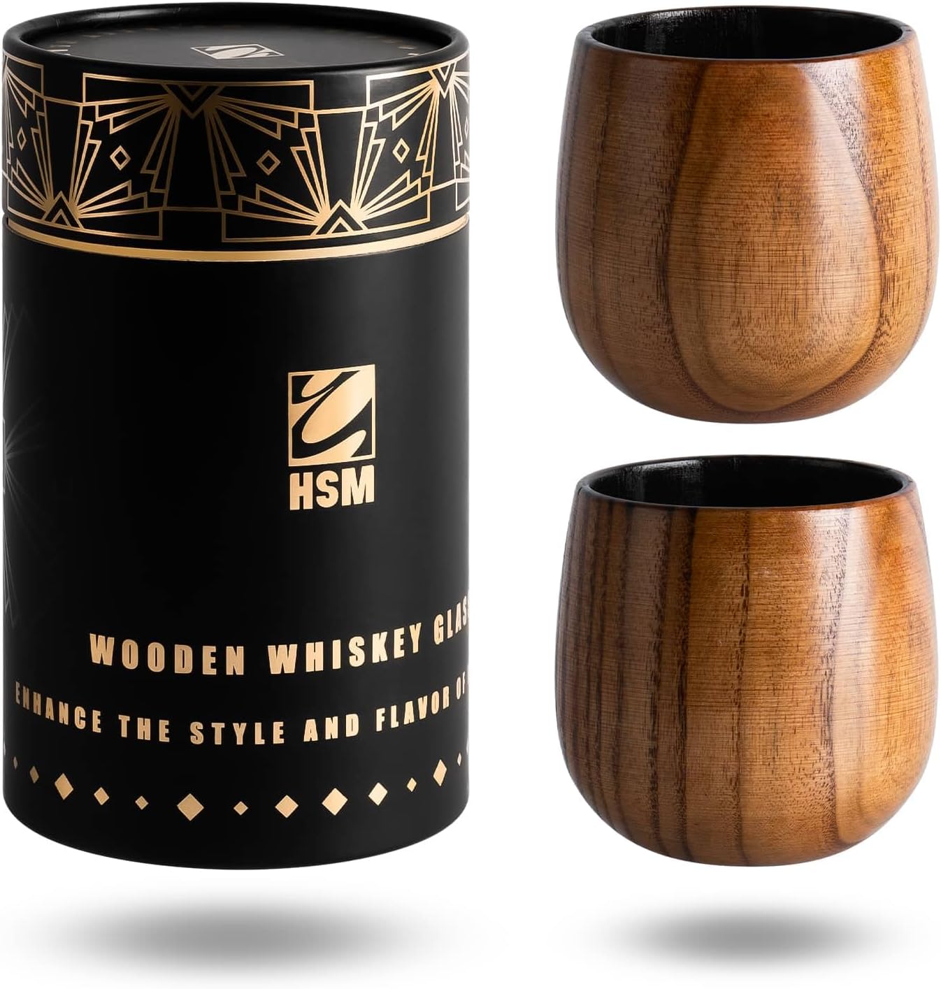 HSM Charred Wooden Bourbon Drinking Glass Set of 2, 10oz Jujube Wooden Whiskey Glass, Carbonized Interior, Warm Touch Low Condensation, Gold-Embossed Tube, Bourbon Gifts for Men, Wood Whiskey Tumblers