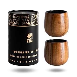 HSM Charred Wooden Bourbon Drinking Glass Set of 2, 10oz Jujube Wooden Whiskey Glass, Carbonized Interior, Warm Touch Low Condensation, Gold-Embossed Tube, Bourbon Gifts for Men, Wood Whiskey Tumblers - Amazon product rated Grade A