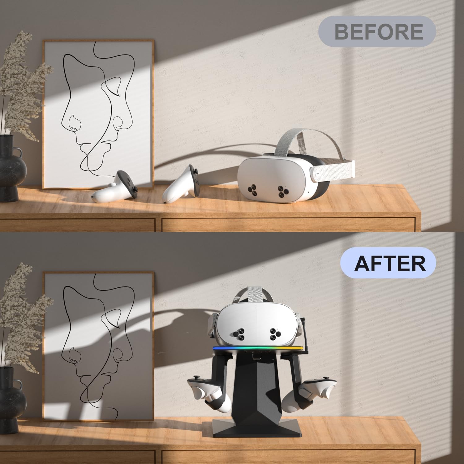 Charging Dock Compatible with Meta Quest 2/3/3S, Support Fast Charging VR Charging Station with RGB Light, Type-C Cable, VR Controllers Holder Stand