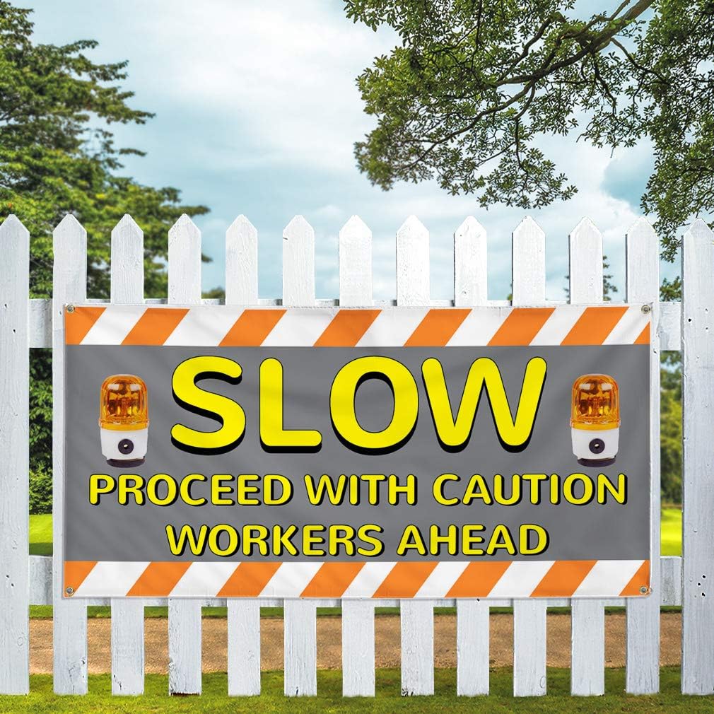 Vinyl Banner Multiple Sizes Slow Proceed with Caution Workers Ahead B Industrial & Craft Outdoor Weatherproof Industrial Yard Signs White Orange 4 Grommets 16x40Inches