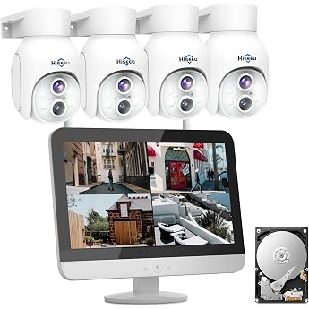 Dual Lens Two-Way Audio 360  Tracking Function IncludedHiseeu Wireless Security Camera System with 12-Inch LCD Monitor Integrated NVR, 4 Million Pixels, 4-Camera Set, Expandable up to 10 Channels