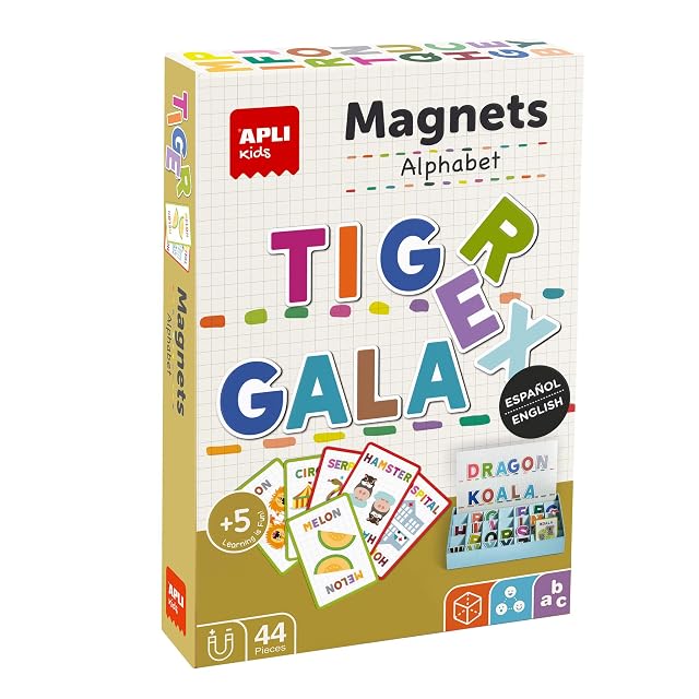 APLI Kids 19443 - Juego de Abecedario magnético con Tablero y fichas para Aprender a Escribir hasta 30 Palabras en 2 Idiomas. Imanes educativos Infantiles para niños a Partir de 5 años