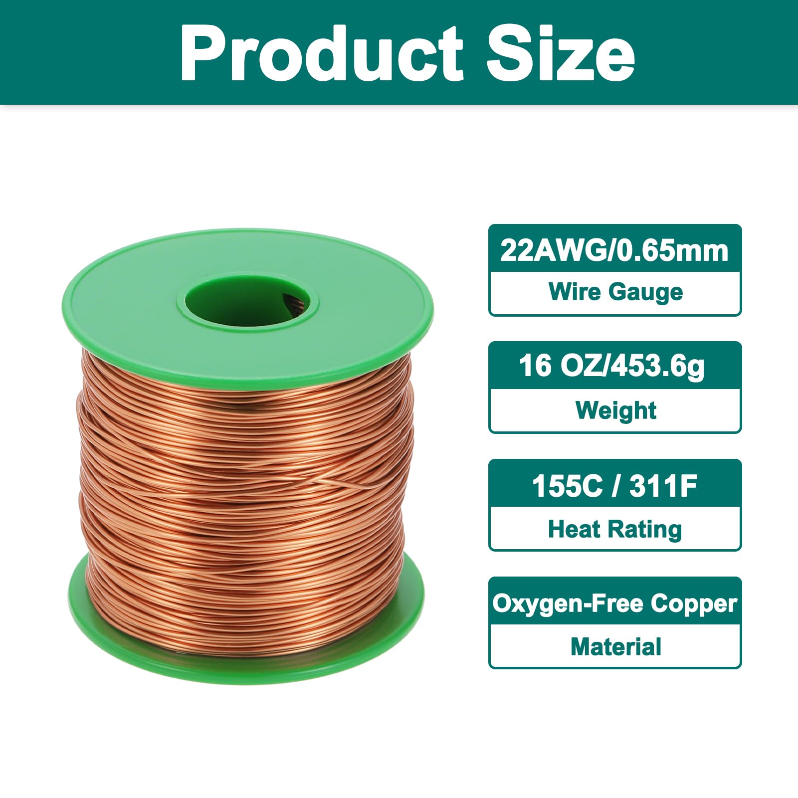 QUARKZMAN Alambre Esmaltado 22 AWG, Alambre De Cobre Esmaltado Calibre 22 16 Oz Bobina Magnética Para Transformador Motor Eléctrico, Grado F 311 Fahrenheit (155 Celsius), Color Cobre